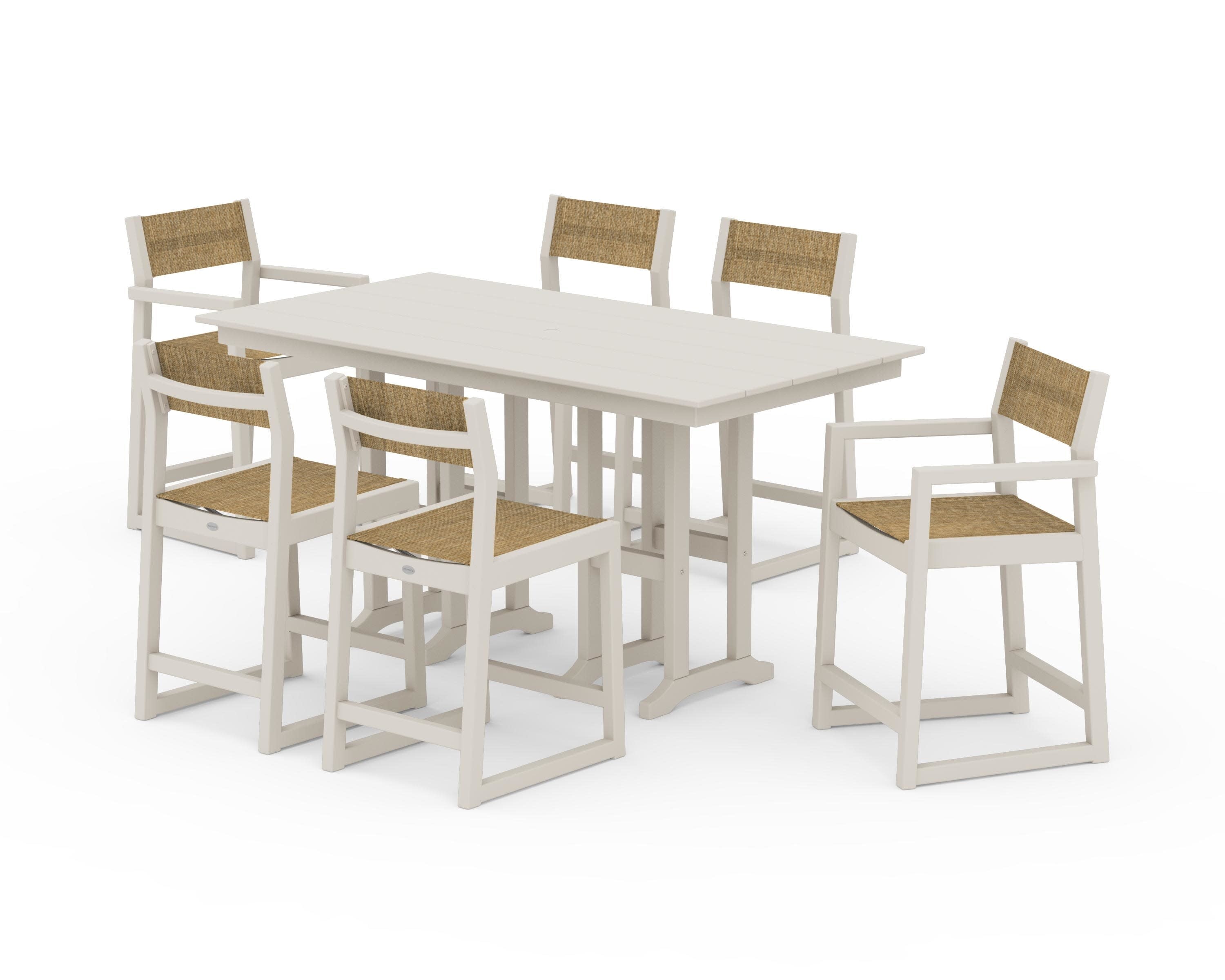 EDGE Sling 7-Piece Farmhouse Counter Set with Trestle Legs in Sand / Burlap Sling