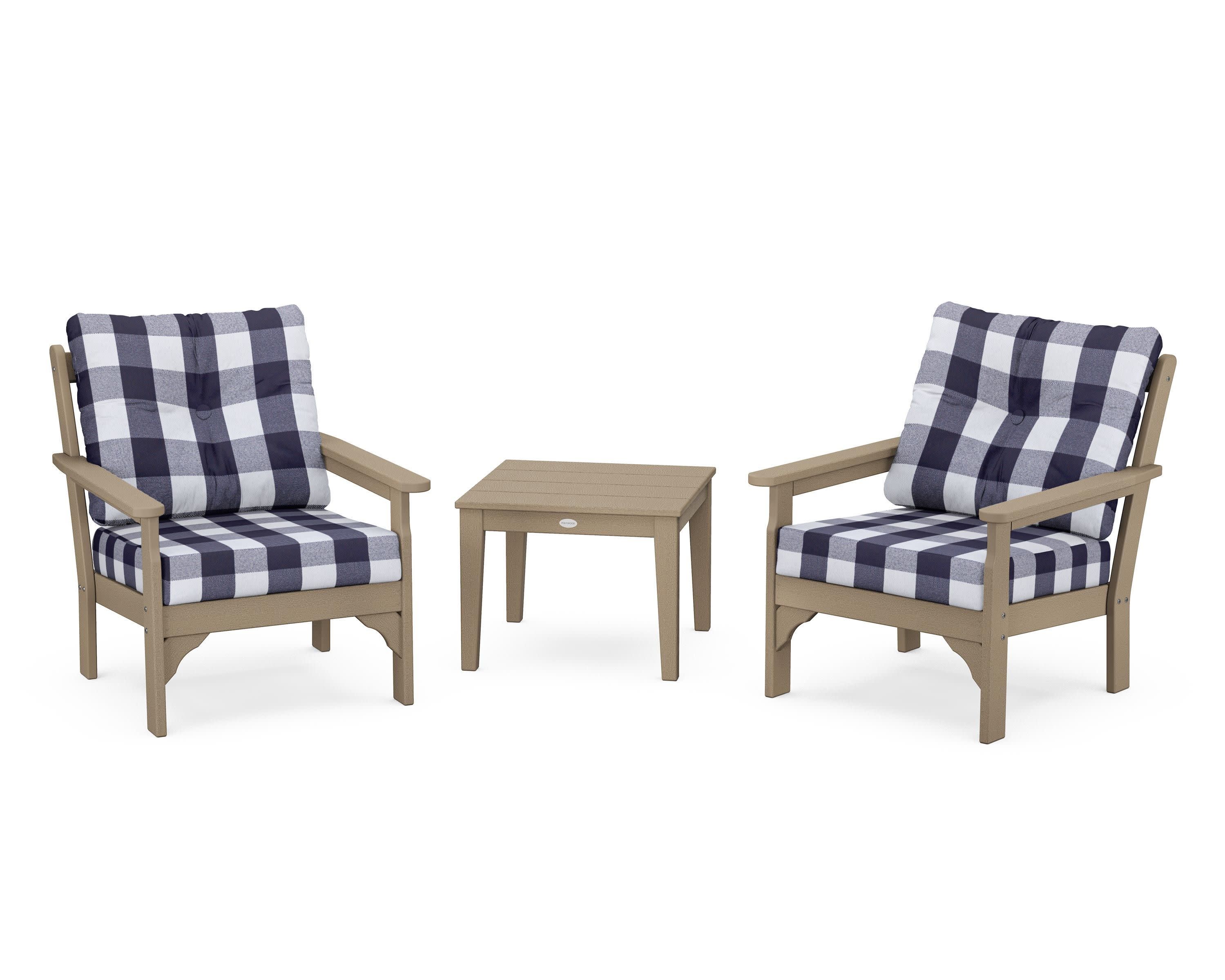 Vineyard 3-Piece Deep Seating Set in Vintage Sahara / Buffalo Plaid Navy