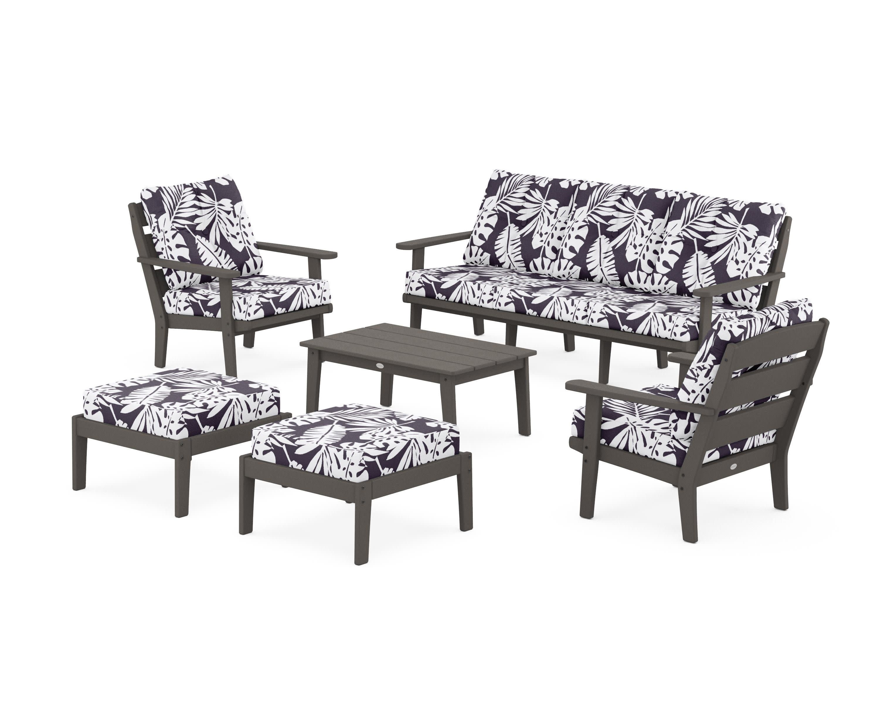 Lakeside 6-Piece Lounge Sofa Set in Vintage Coffee / Leaf Navy