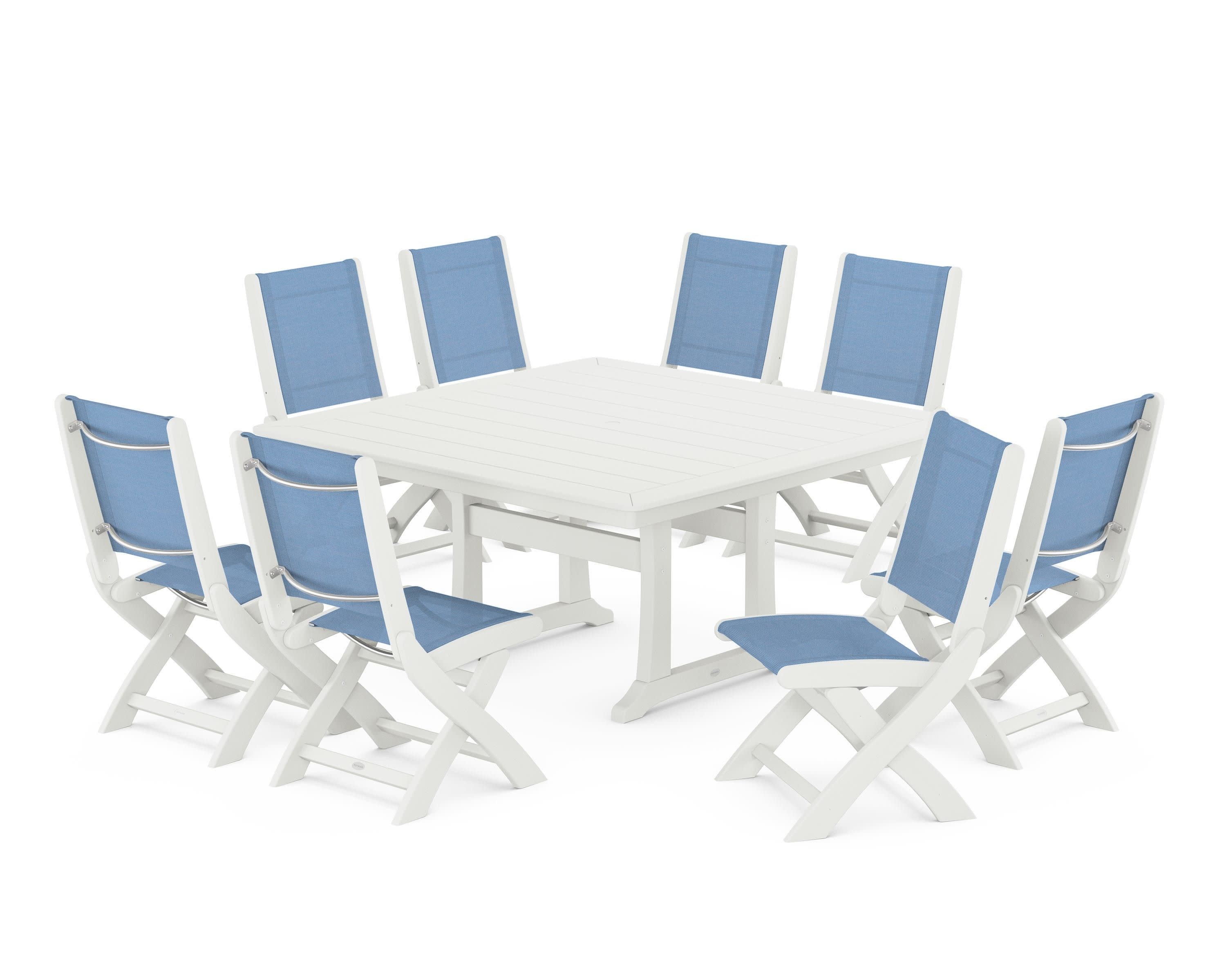 Coastal Folding Side Chair 9-Piece Dining Set with Trestle Legs in Vintage White / Poolside Sling