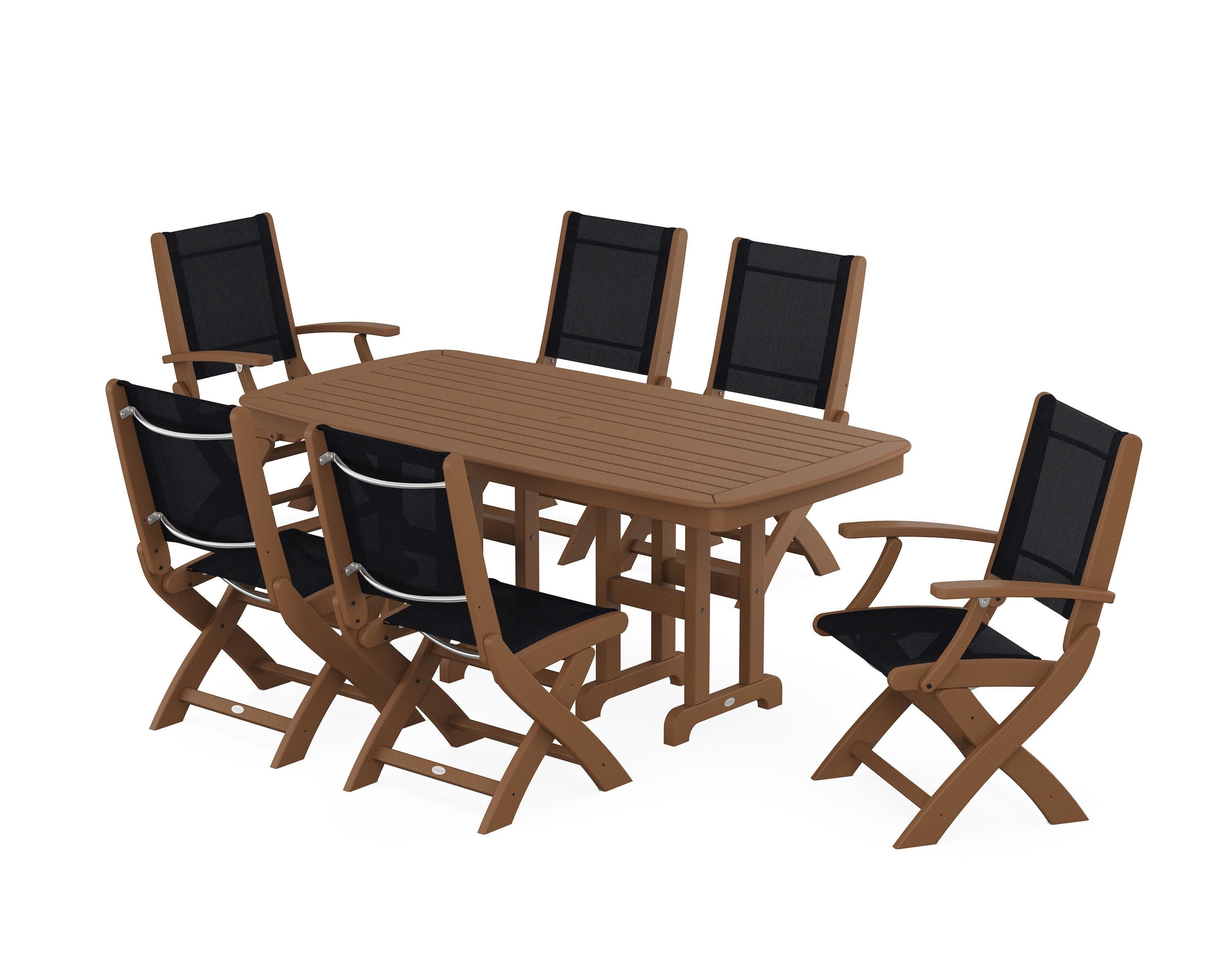 Coastal Folding Chair 7-Piece Dining Set in Teak / Black Sling