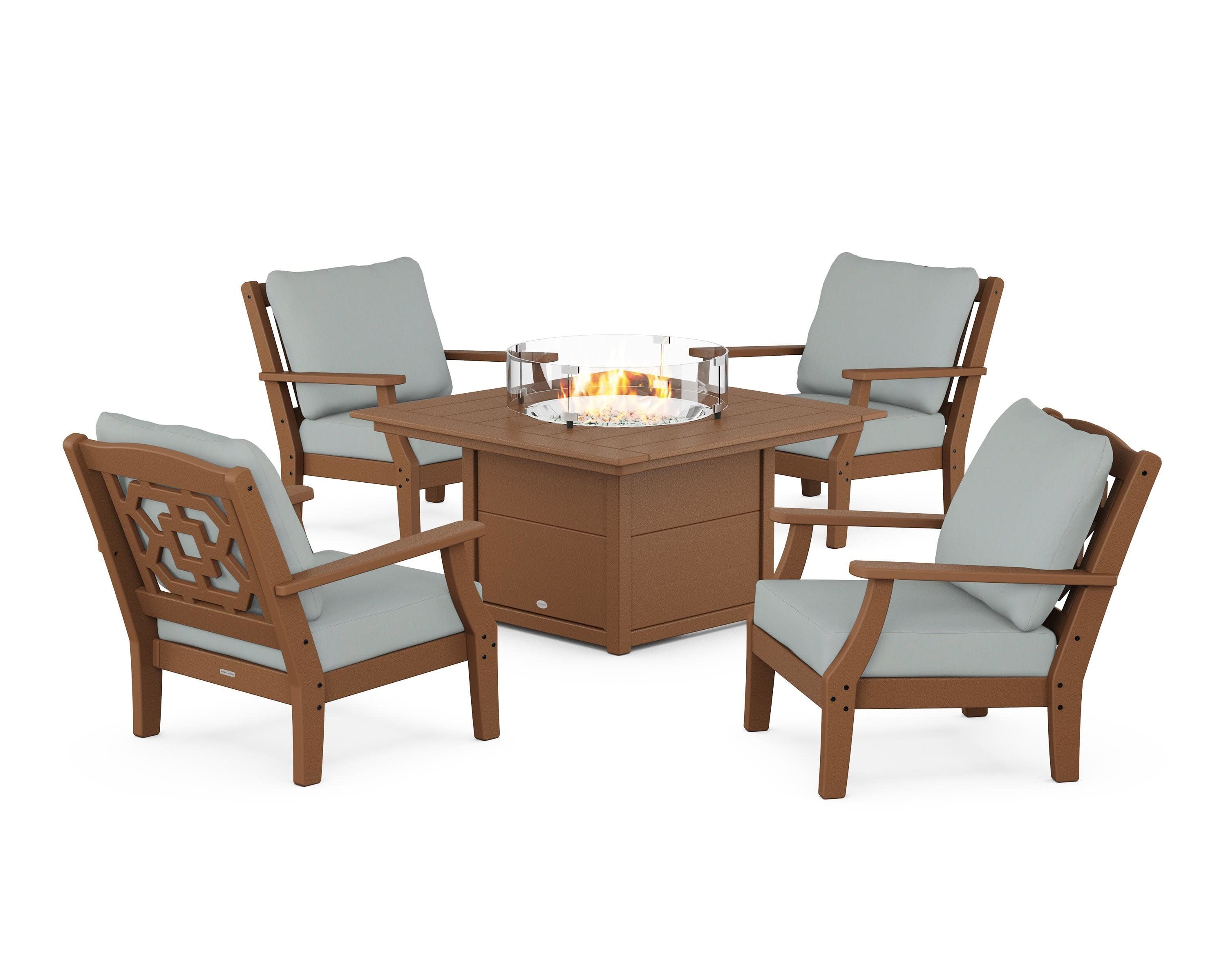 Chinoiserie 5-Piece Deep Seating Set with Fire Pit Table in Teak / Spa