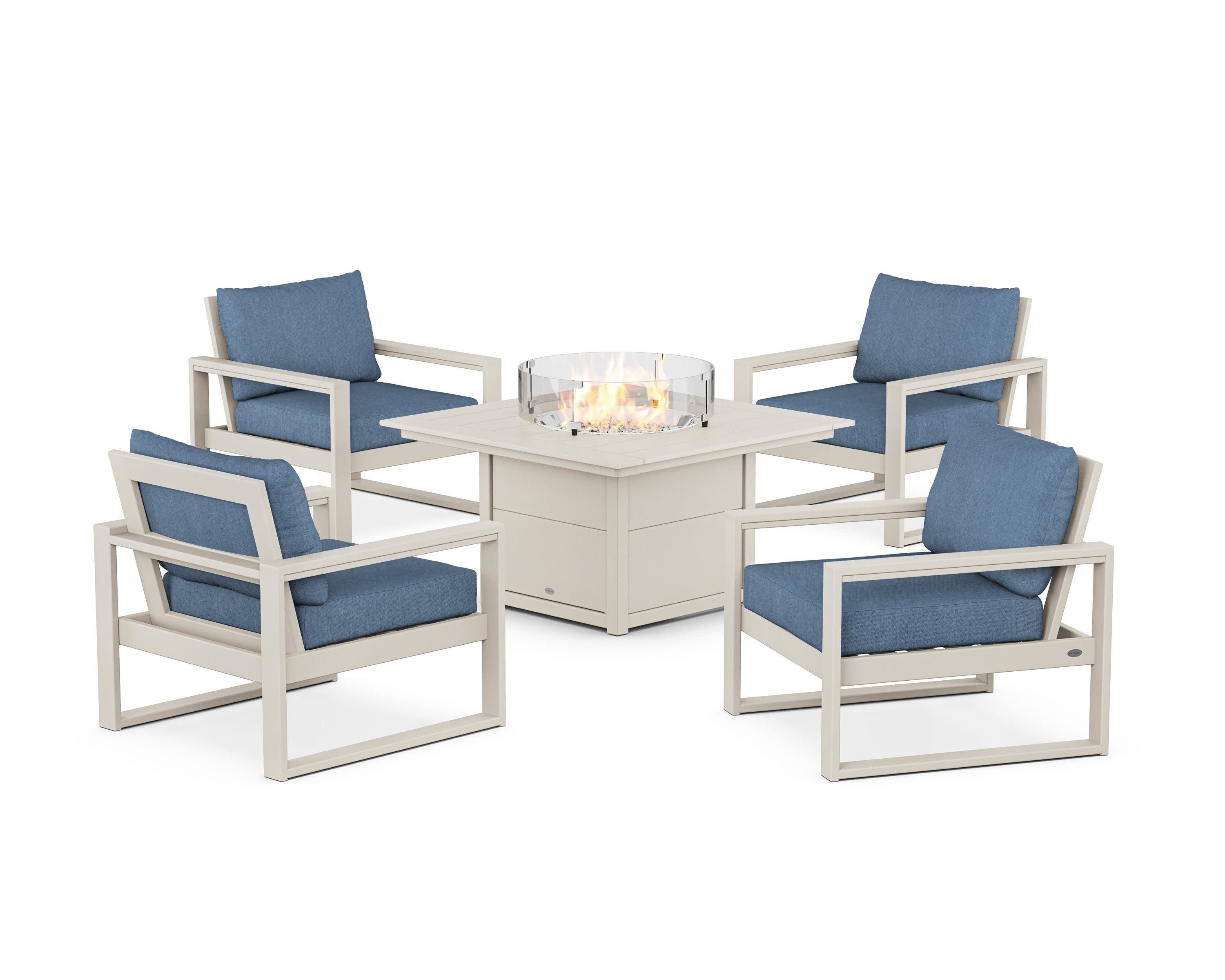 EDGE Sectional 5-Piece Deep Seating Set with Fire Pit Table in Sand / Sky Blue