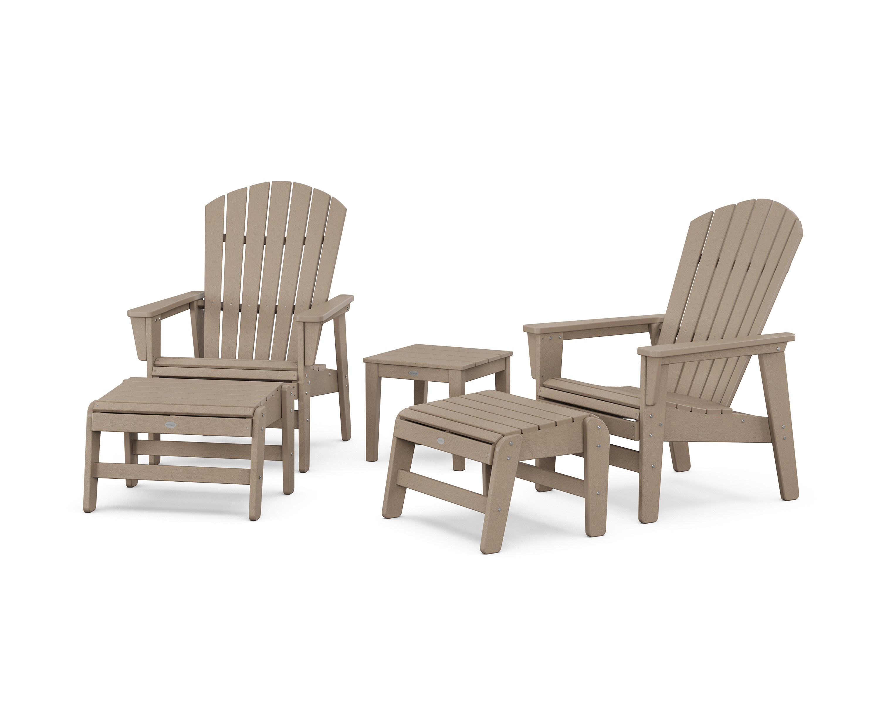 5-Piece Nautical Grand Upright Adirondack Set with Ottomans and Side Table in Vintage Sahara