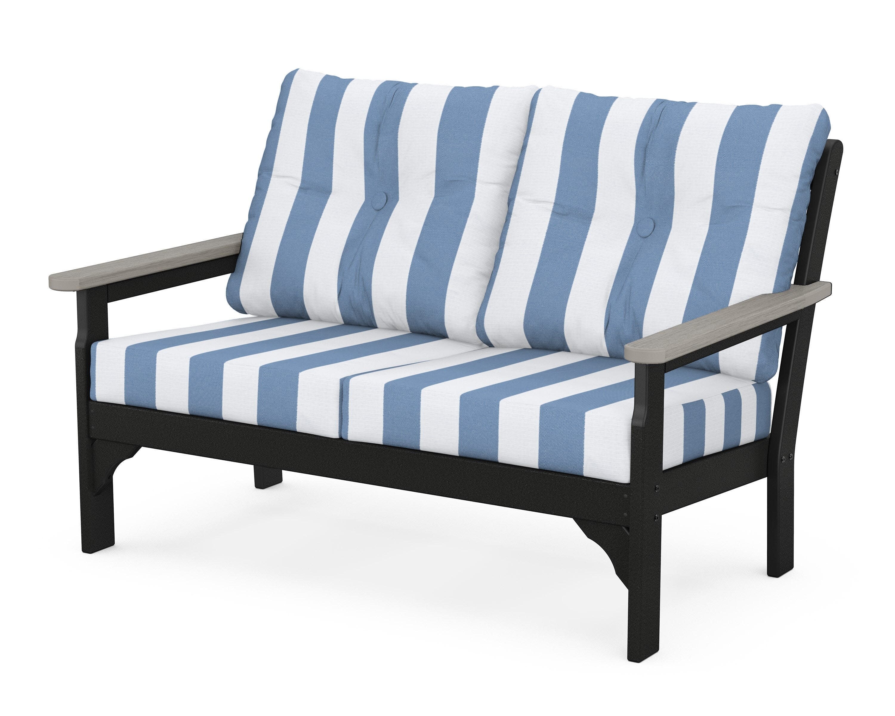 Vineyard Deep Seating Loveseat in Black / Driftwood / Cabana Stripe Sky Blue