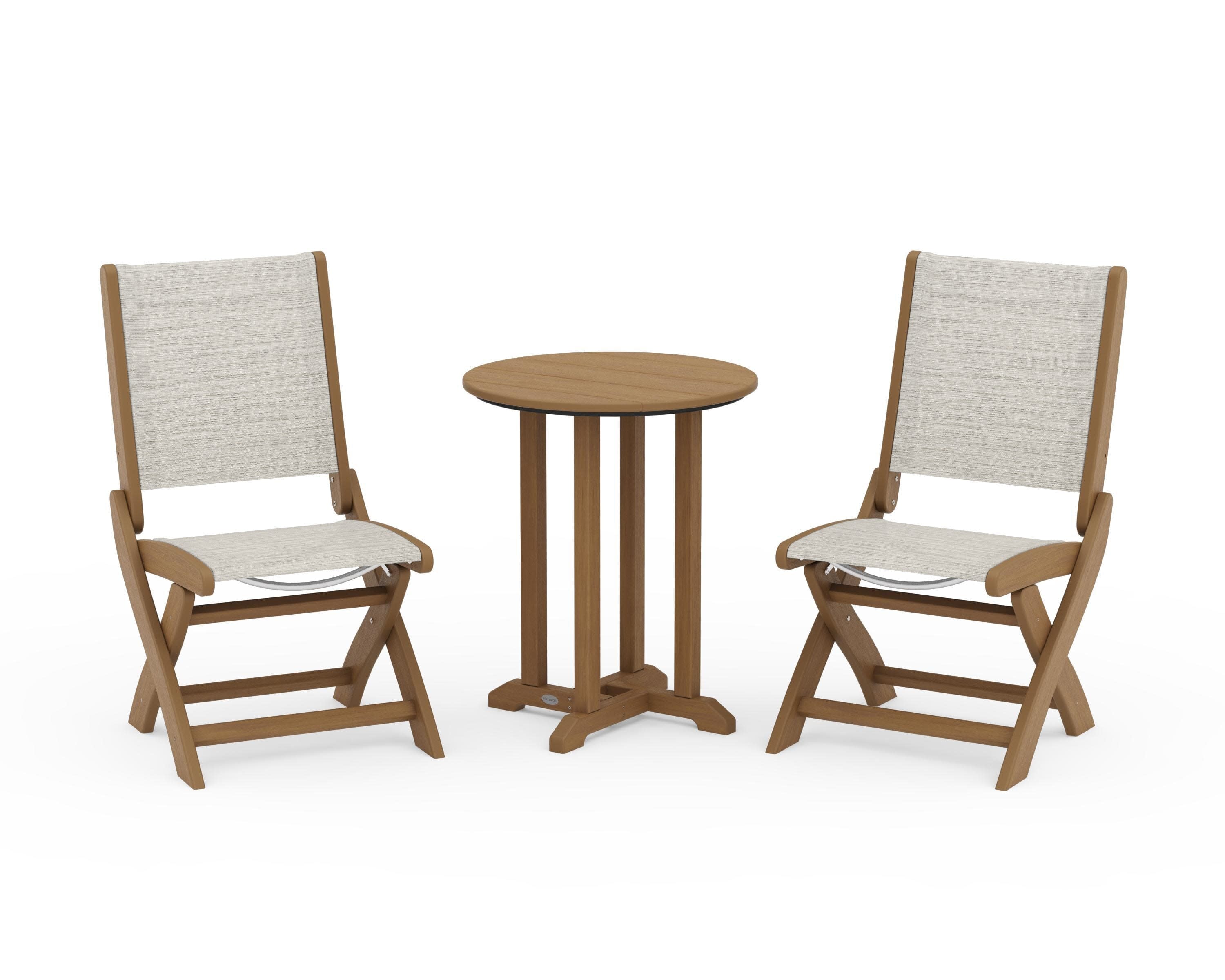 Coastal Folding Side Chair 3-Piece Round Bistro Dining Set in Natural / Birch Sling