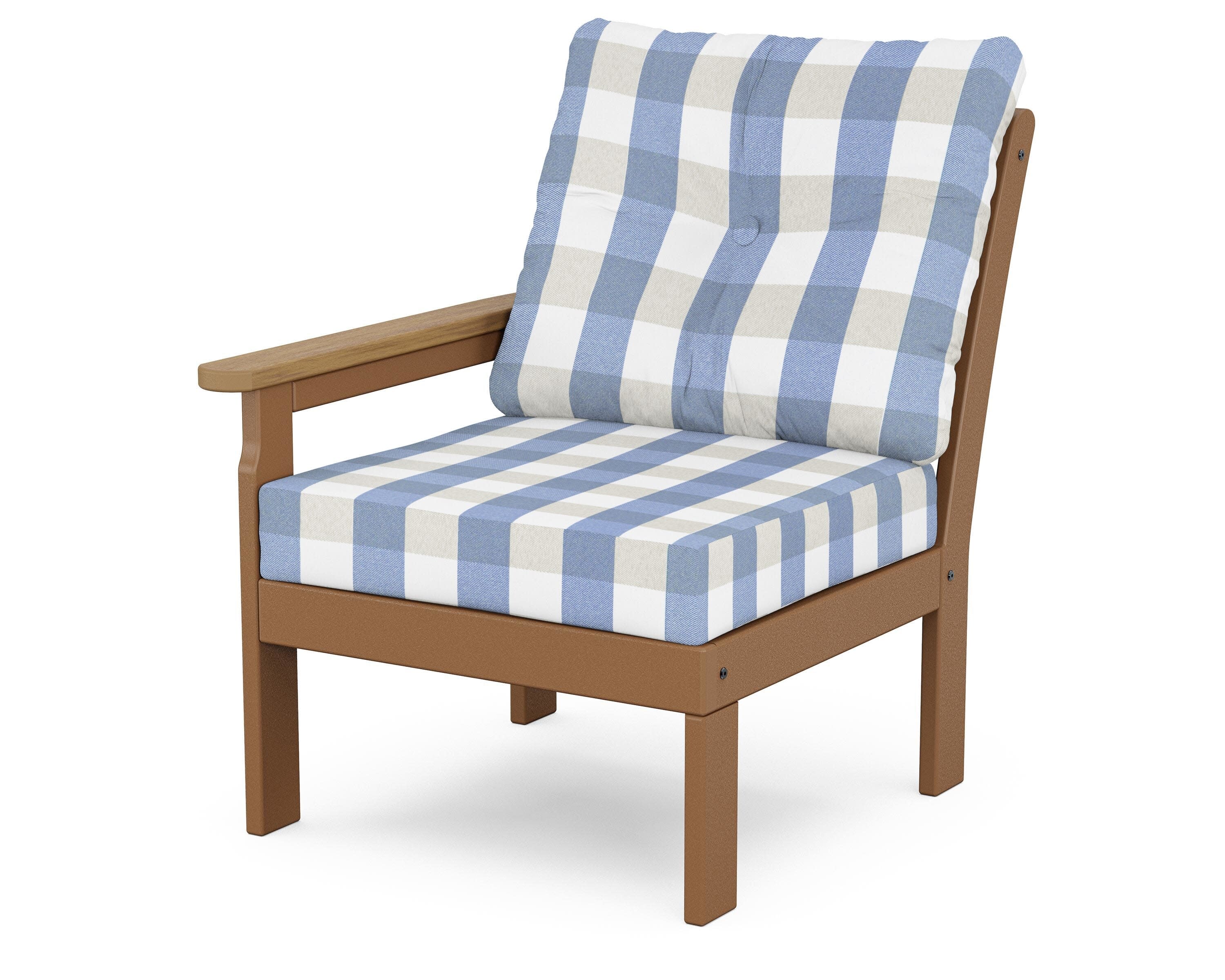 Vineyard Modular Left Arm Chair in Teak / Natural / Buffalo Plaid Sky Blue