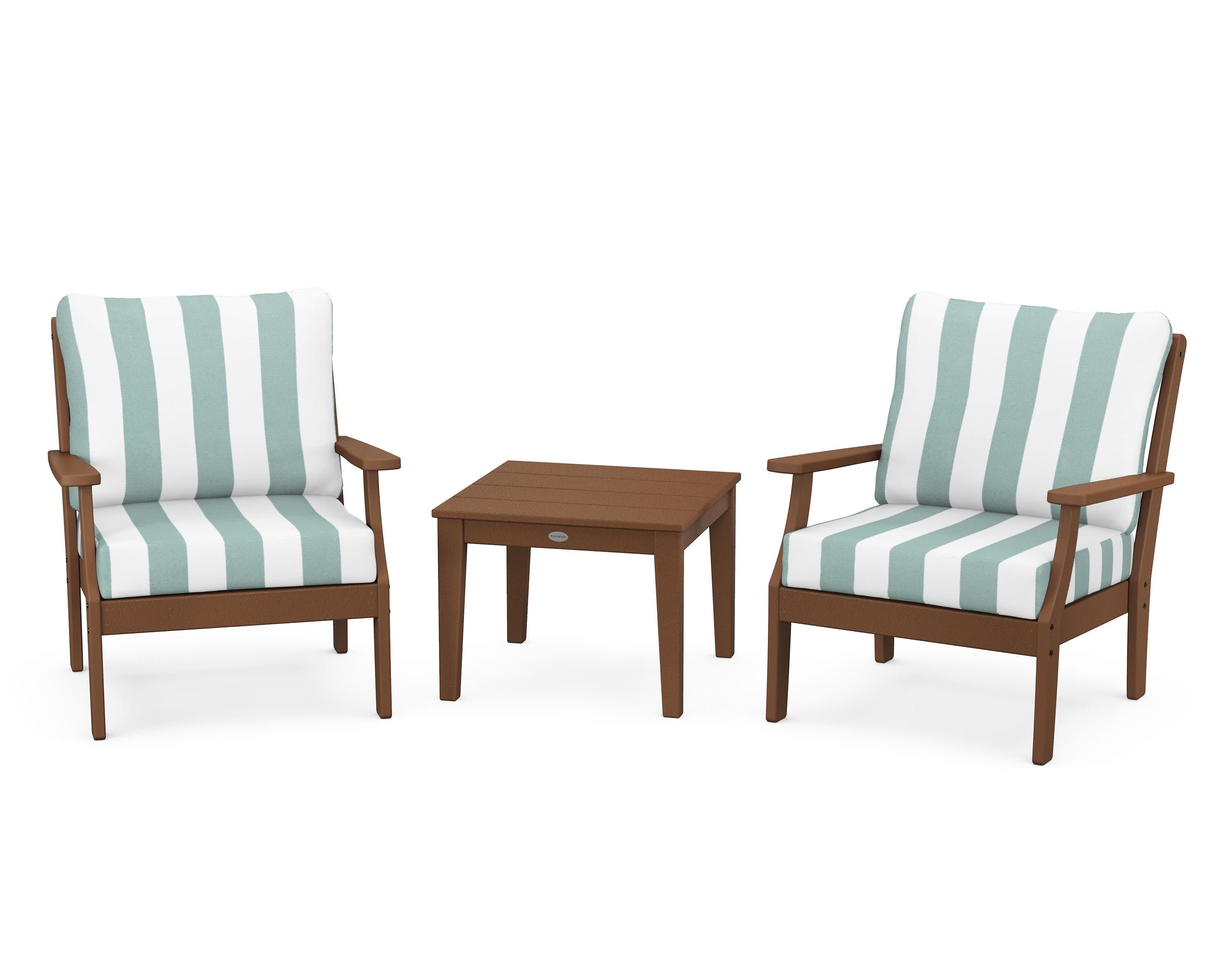 Braxton 3-Piece Deep Seating Set in Teak / Cabana Stripe Glacier Spa