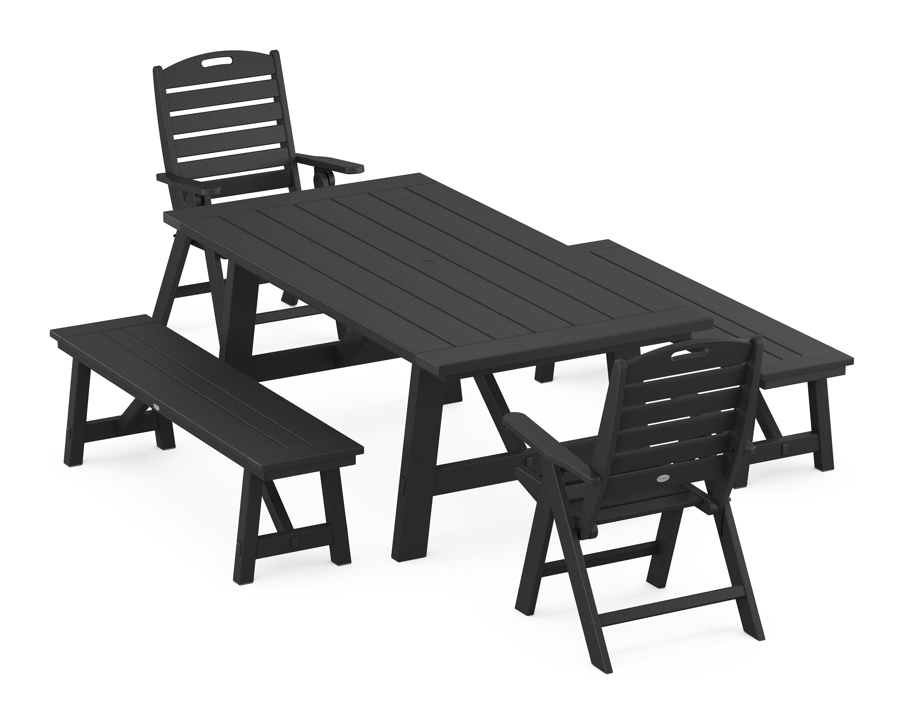 Nautical Folding Highback Chair 5-Piece Rustic Farmhouse Dining Set With Benches in Black