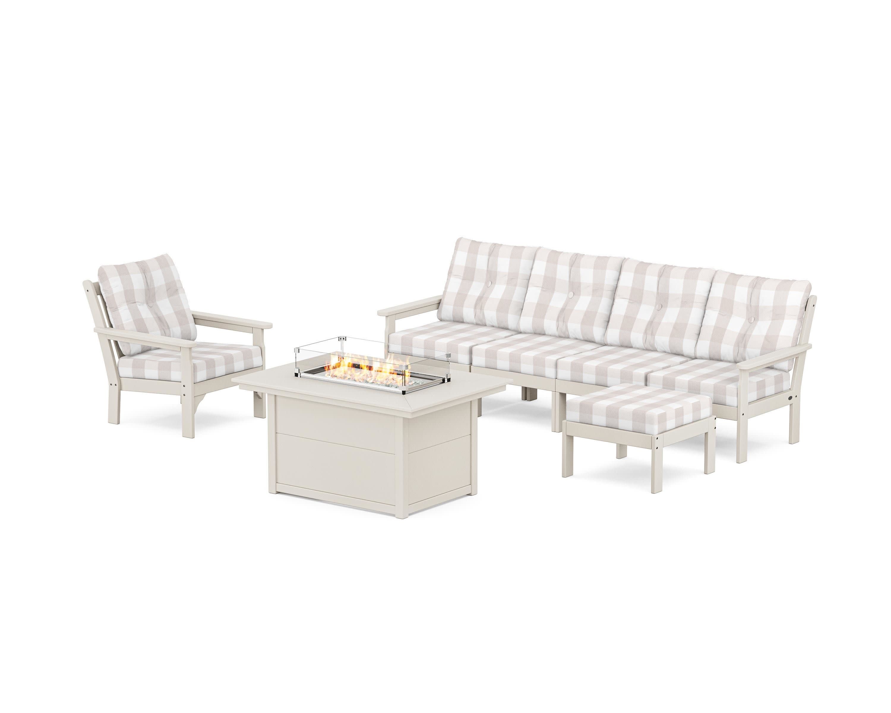 Vineyard Sectional Lounge and Fire Pit Set in Sand / Buffalo Plaid Dune Burlap