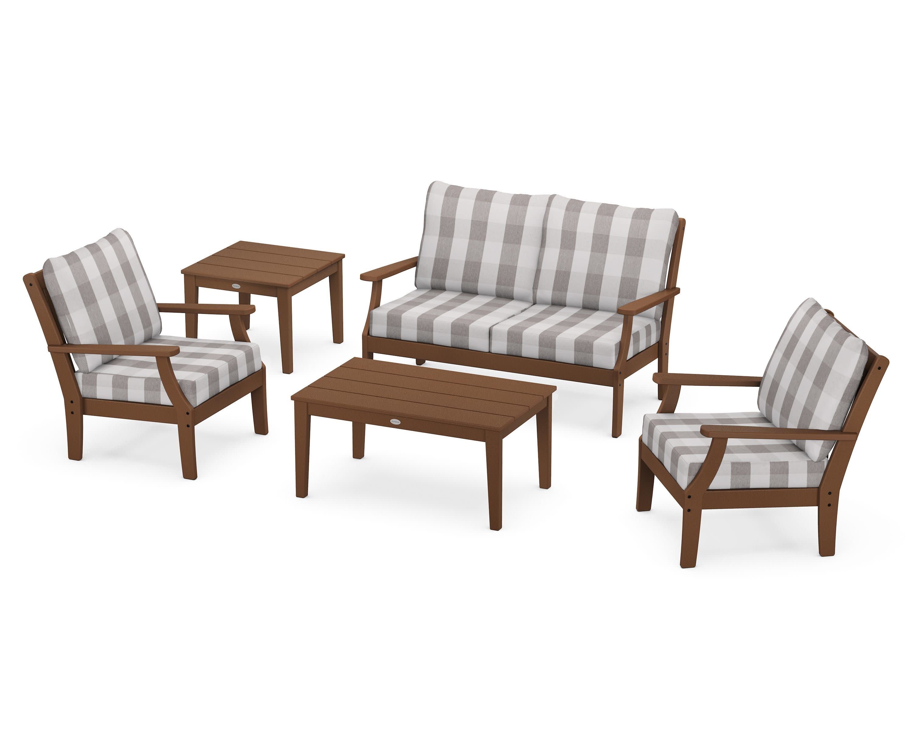 Braxton 5-Piece Deep Seating Set in Teak / Buffalo Plaid Grey Mist