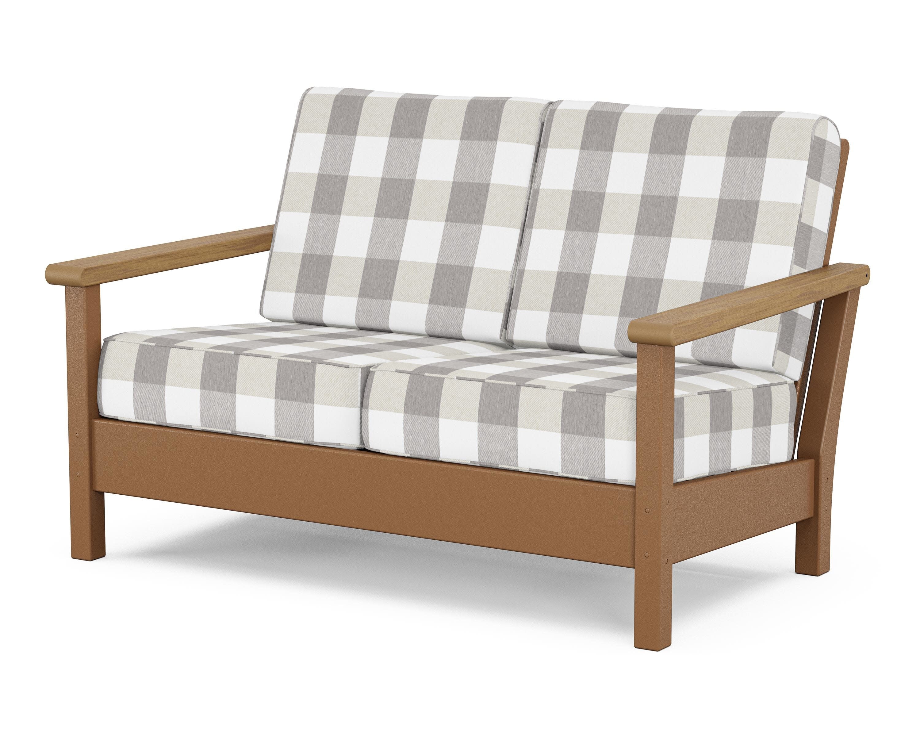 Harbour Deep Seating Loveseat in Teak / Natural / Buffalo Plaid Grey Mist