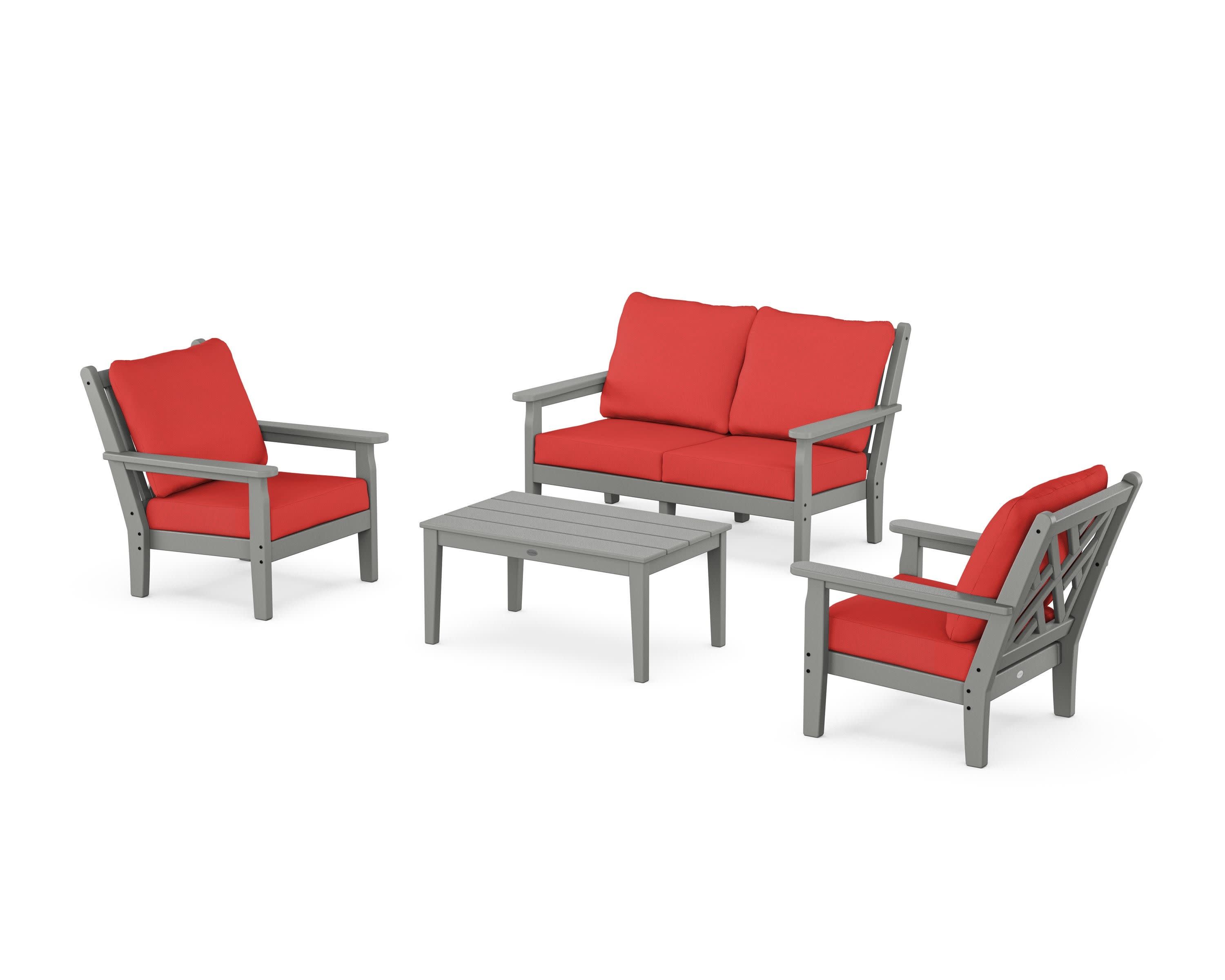 Chippendale 4-Piece Deep Seating Set with Loveseat in Slate Grey / Crimson Linen