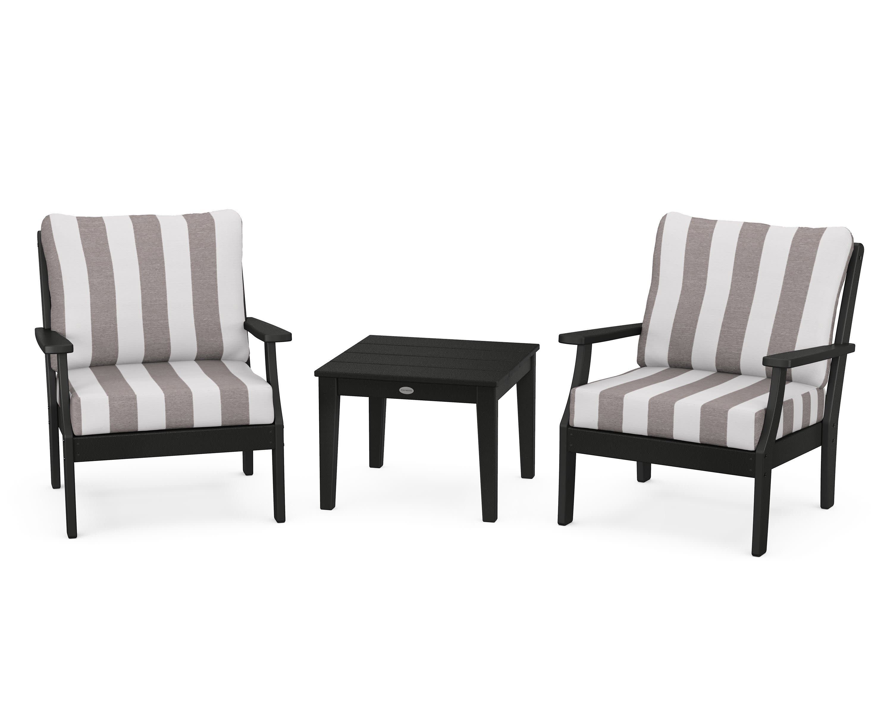 Braxton 3-Piece Deep Seating Set in Black / Cabana Stripe Grey Mist