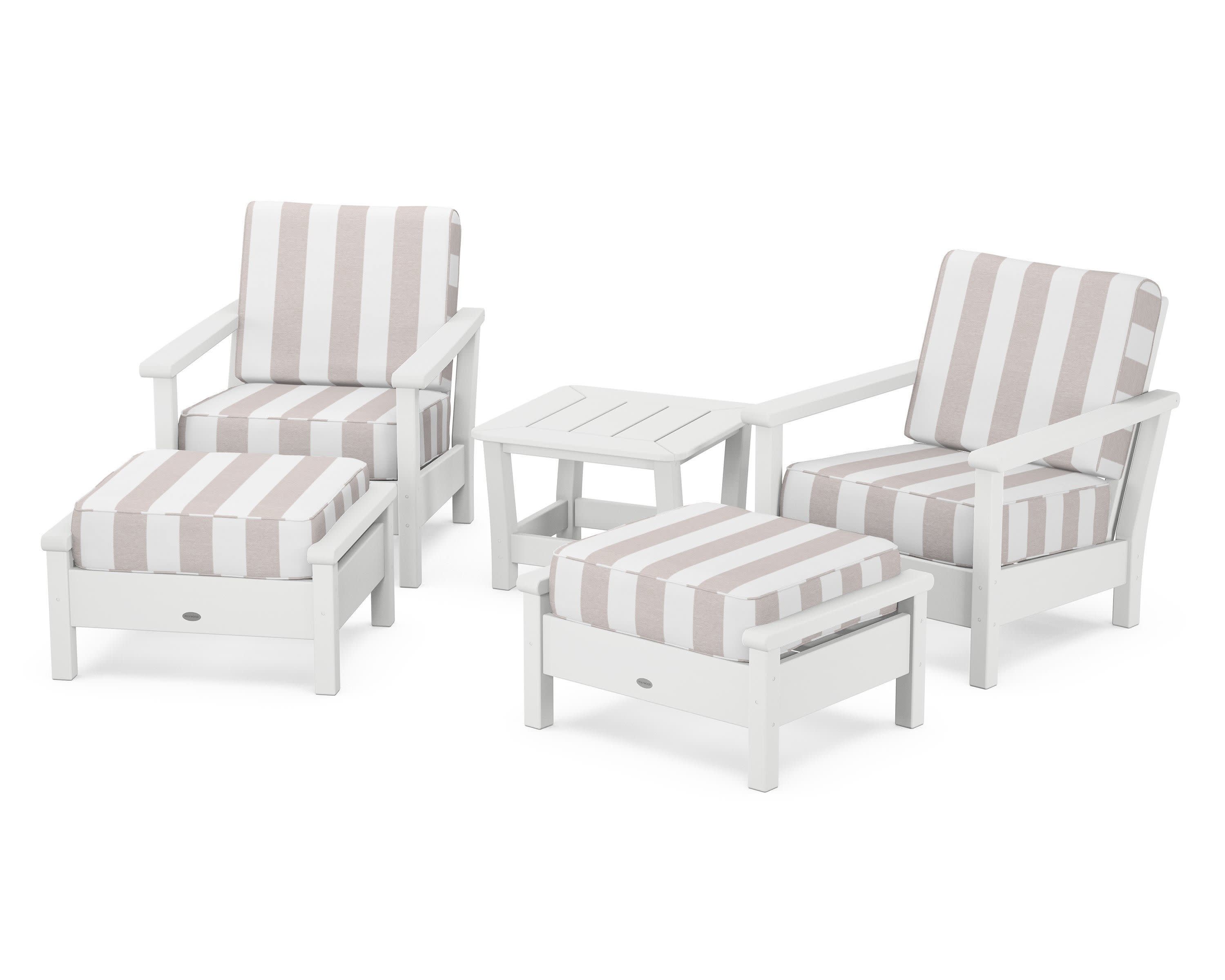 Harbour 5-Piece Deep Seating Chair Set in White / Cabana Stripe Dune Burlap