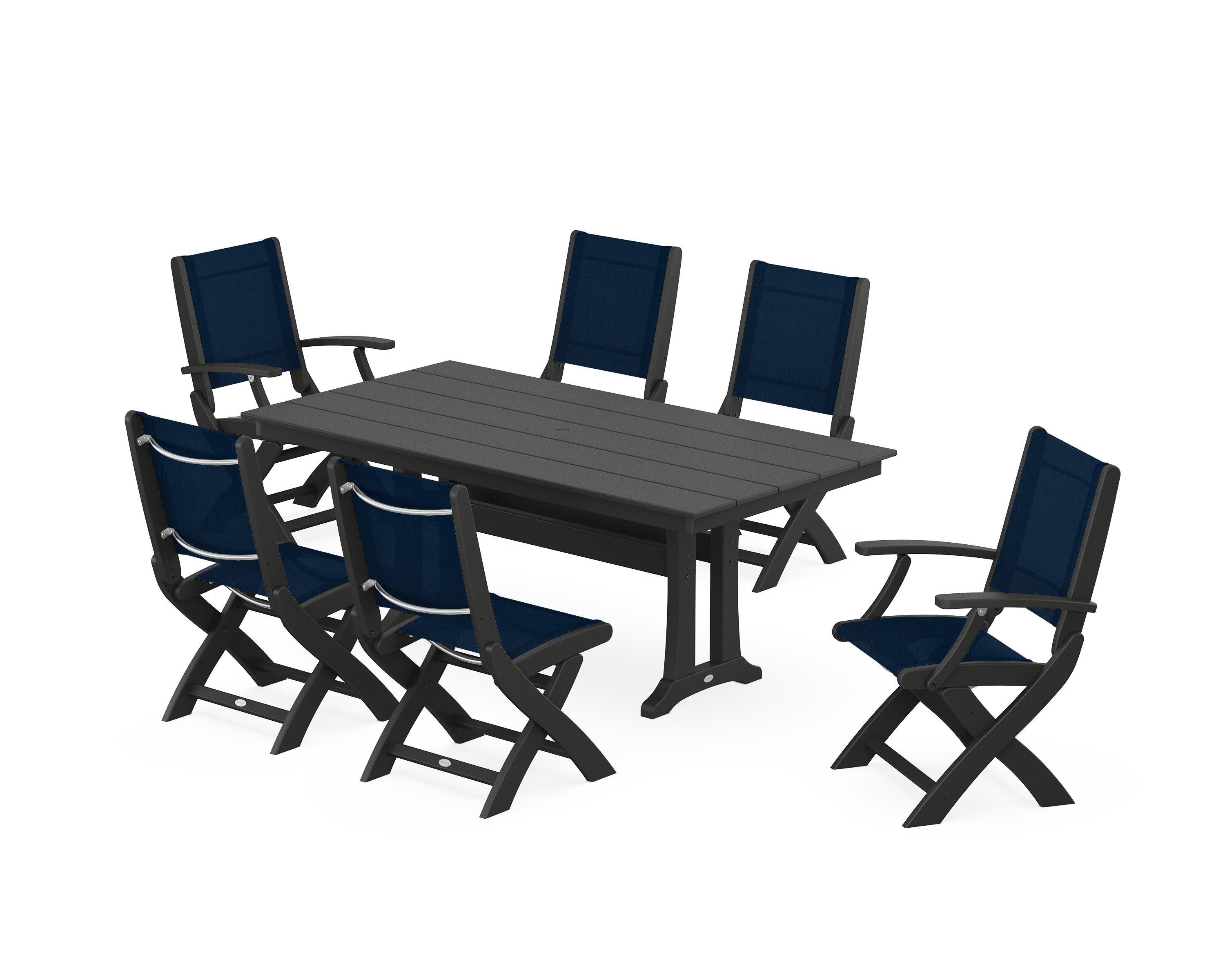 Coastal Folding Chair 7-Piece Farmhouse Dining Set with Trestle Legs in Black / Navy Blue Sling