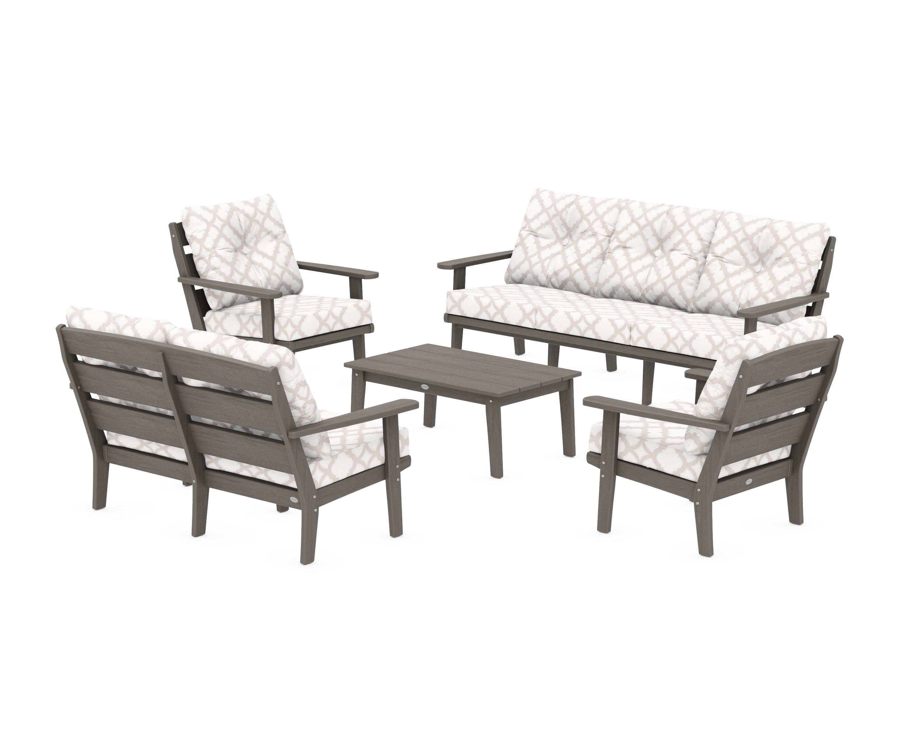 Lakeside 5-Piece Lounge Sofa Set in Driftwood / Trellis Dune Burlap