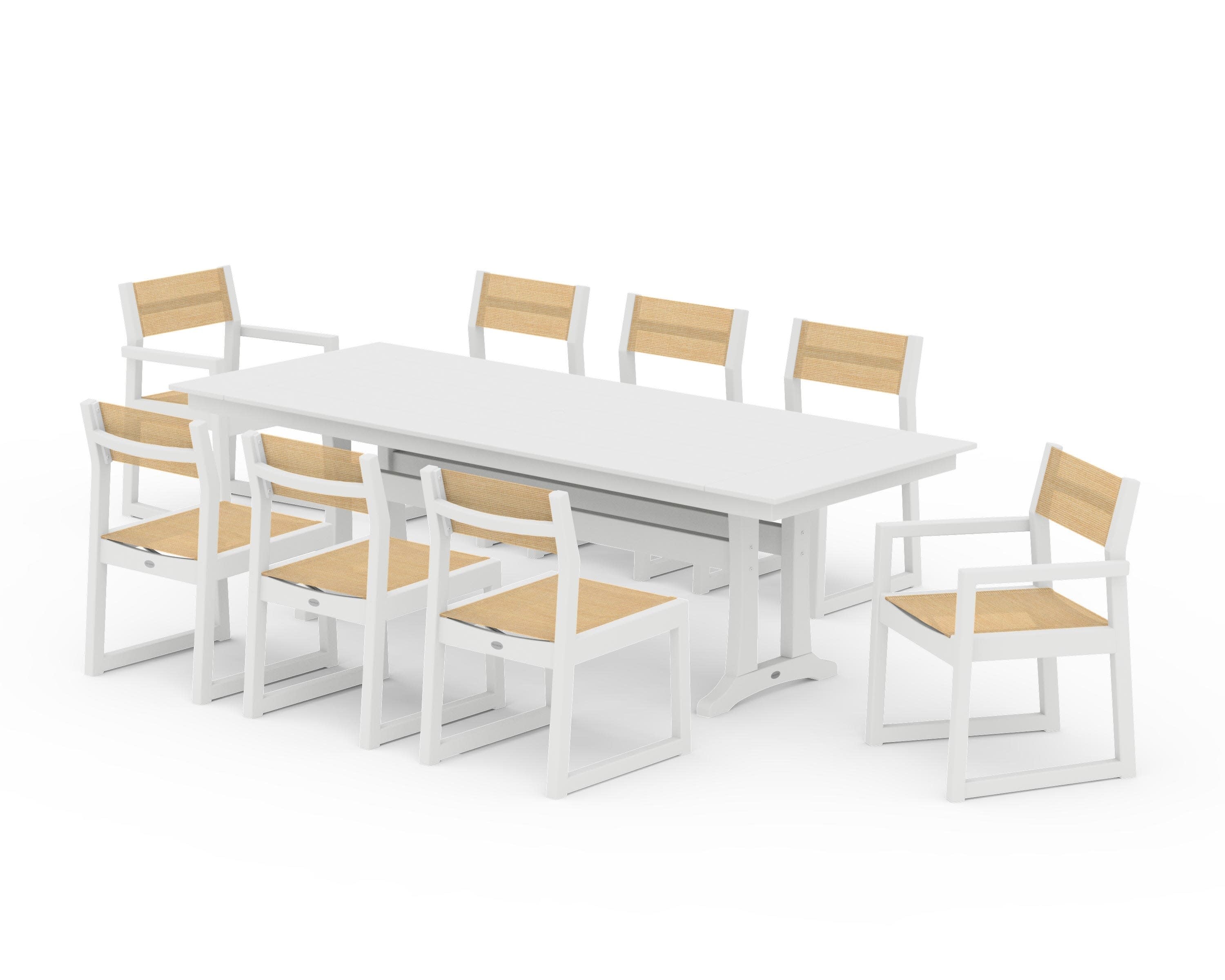 EDGE Sling 9-Piece Farmhouse Trestle Dining Set in White / Dupioni Apricot Sling