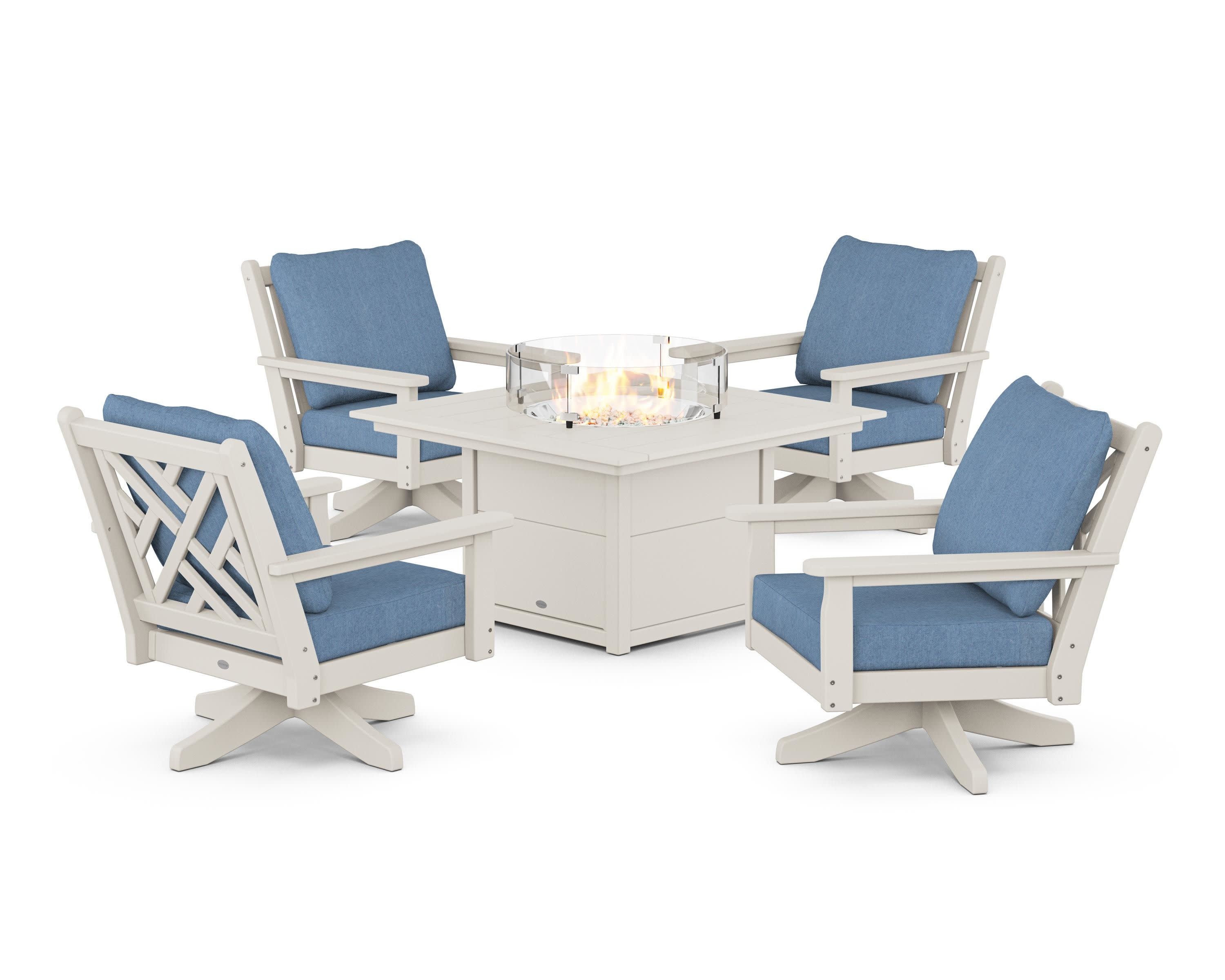 Chippendale 5-Piece Deep Seating Swivel Conversation Set with Fire Pit Table in Sand / Sky Blue