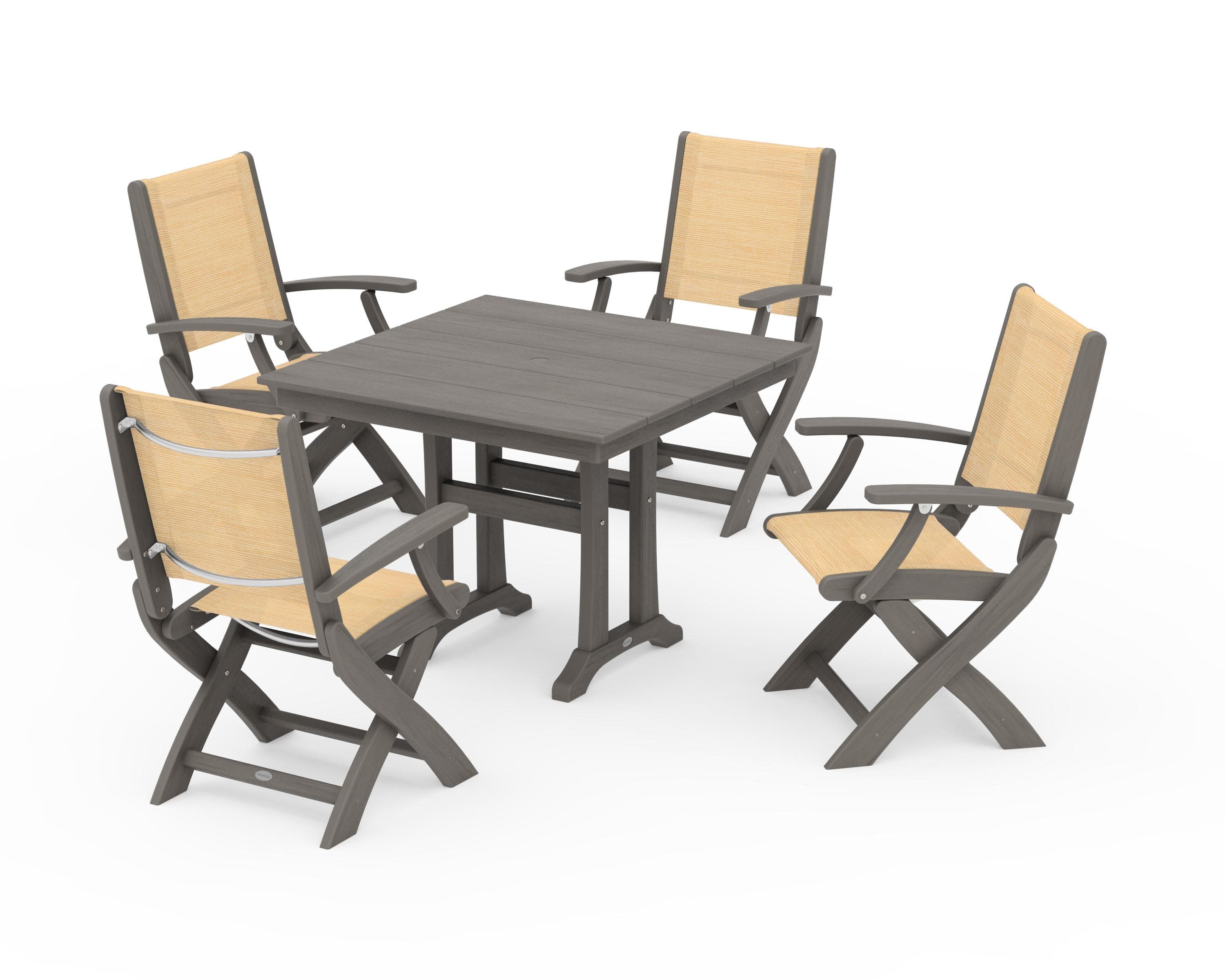 Coastal Folding Chair 5-Piece Farmhouse Dining Set With Trestle Legs in Driftwood / Dupioni Apricot Sling