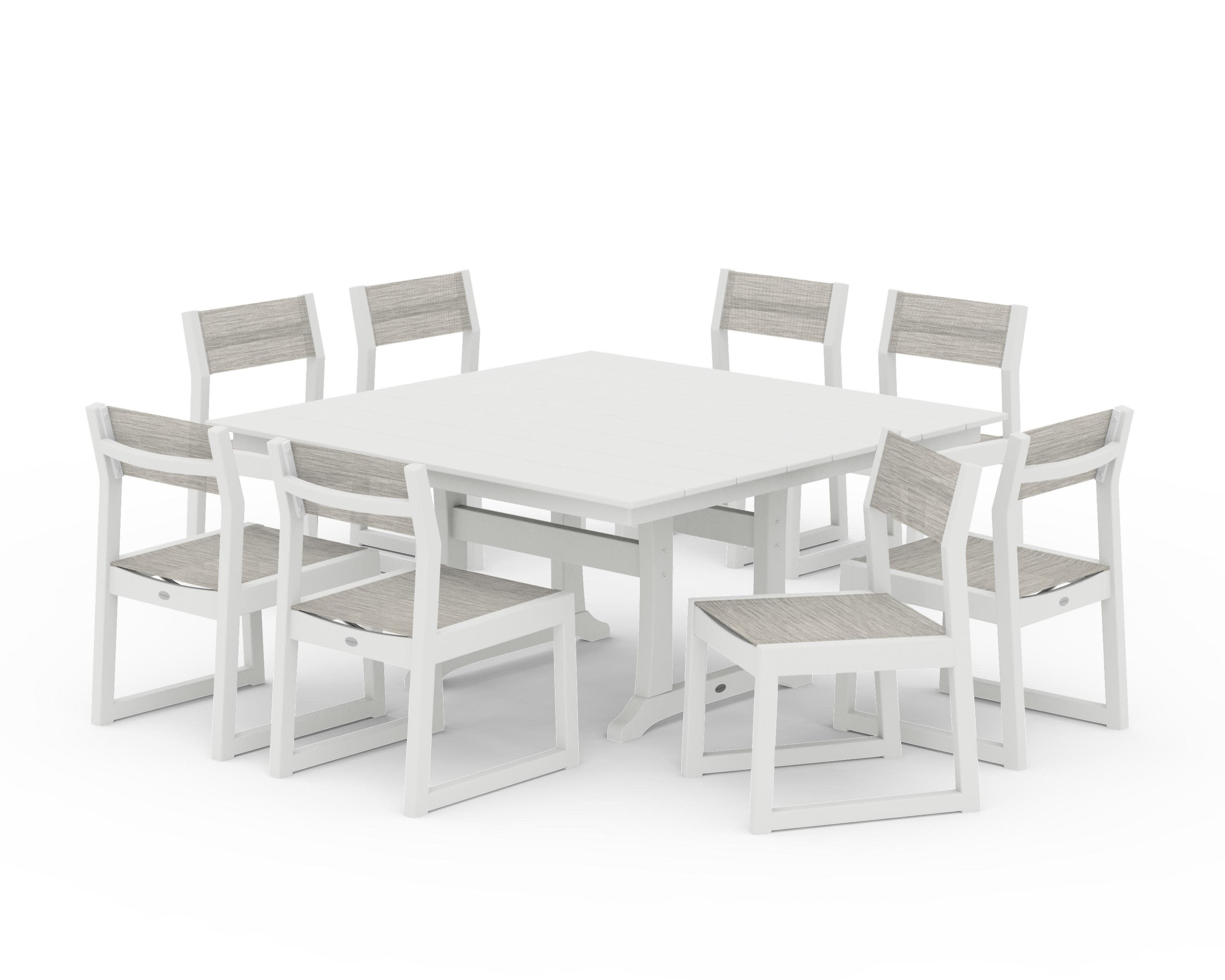 EDGE Sling Side Chair 9-Piece Farmhouse Trestle Dining Set in Vintage White / Birch Sling