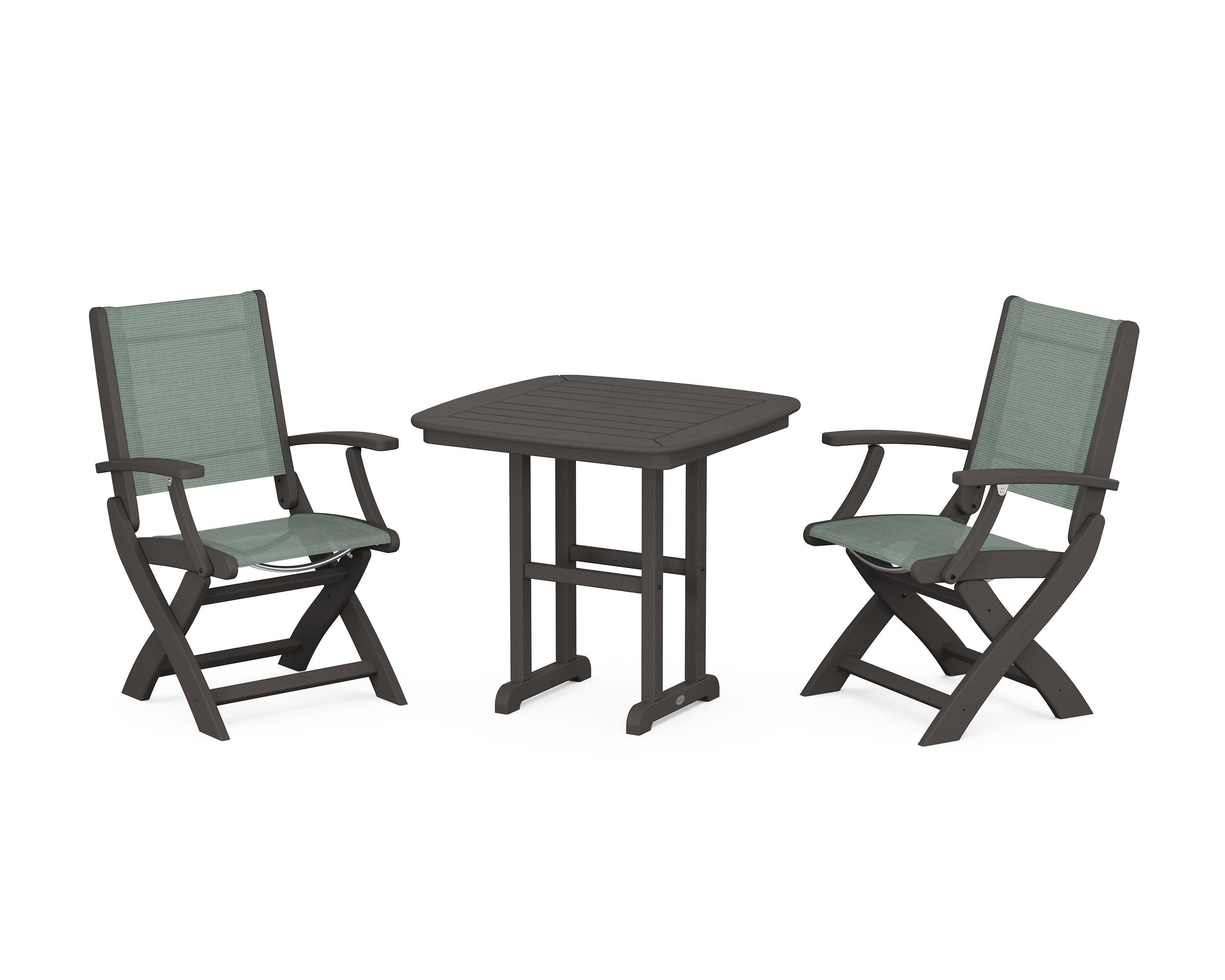 Coastal Folding Chair 3-Piece Dining Set in Vintage Coffee / Dupioni Sea Mist Sling
