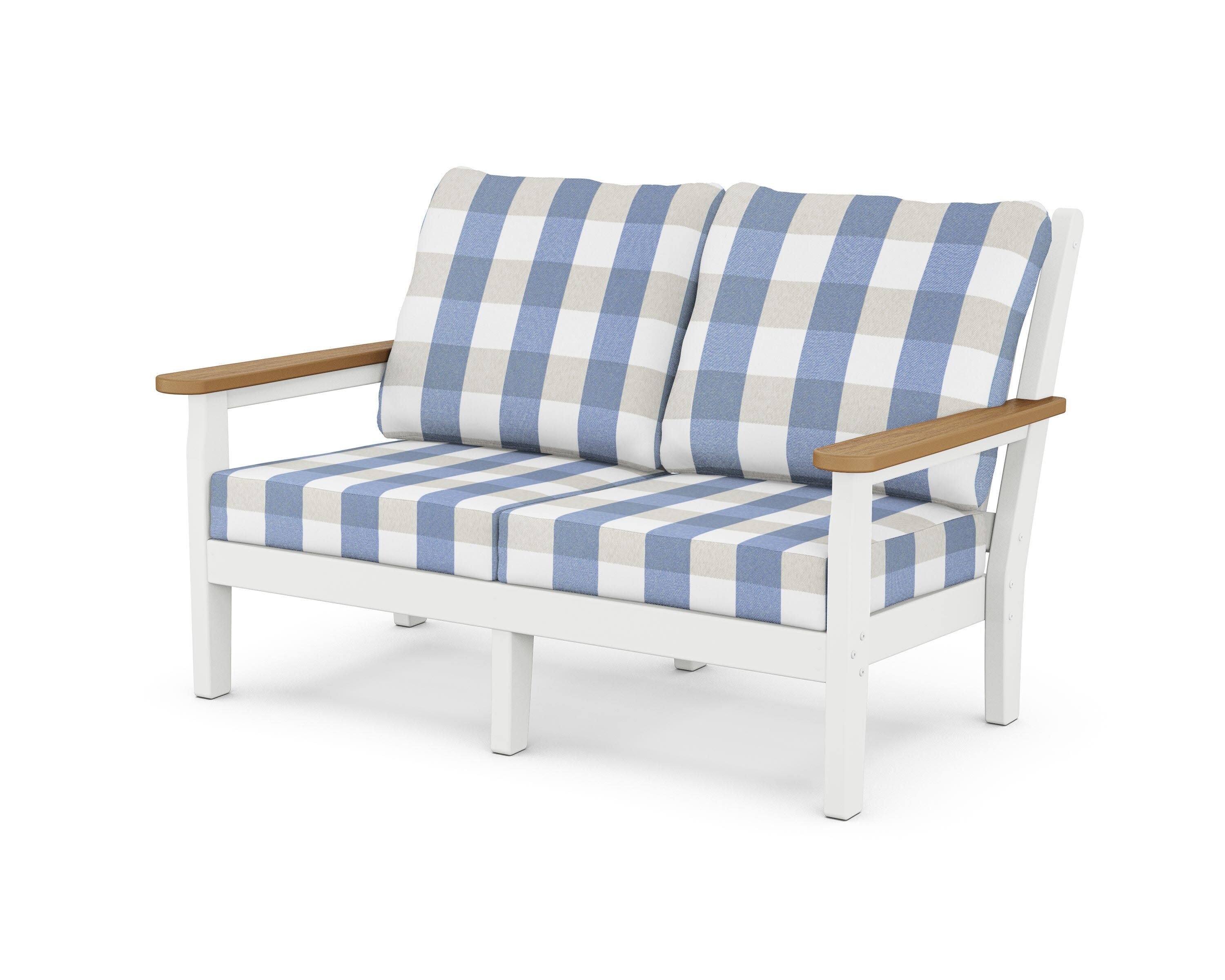 Chippendale Deep Seating Loveseat in White / Natural / Buffalo Plaid Sky Blue