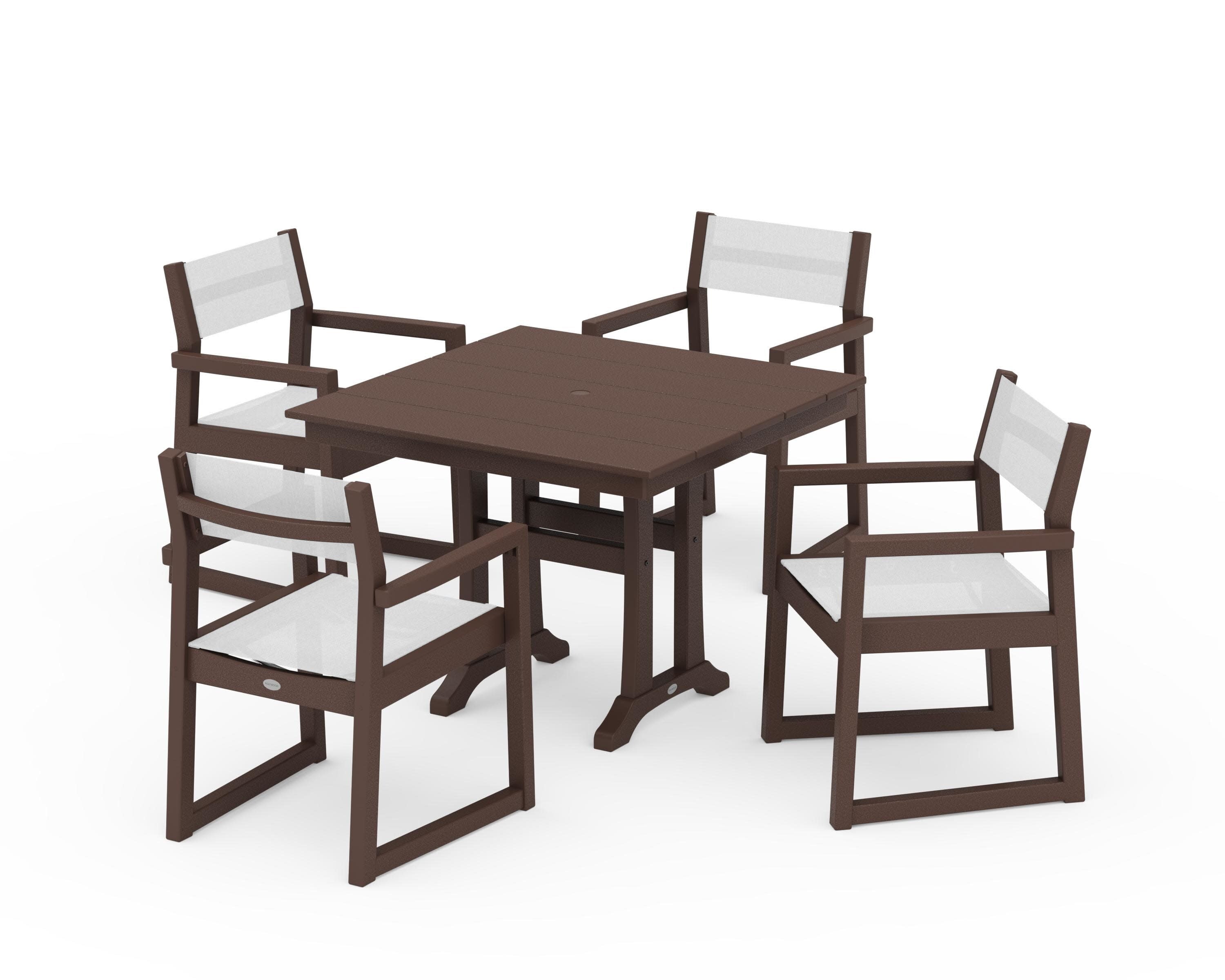 EDGE Sling 5-Piece Farmhouse Dining Set with Trestle Legs in Mahogany / White Sling
