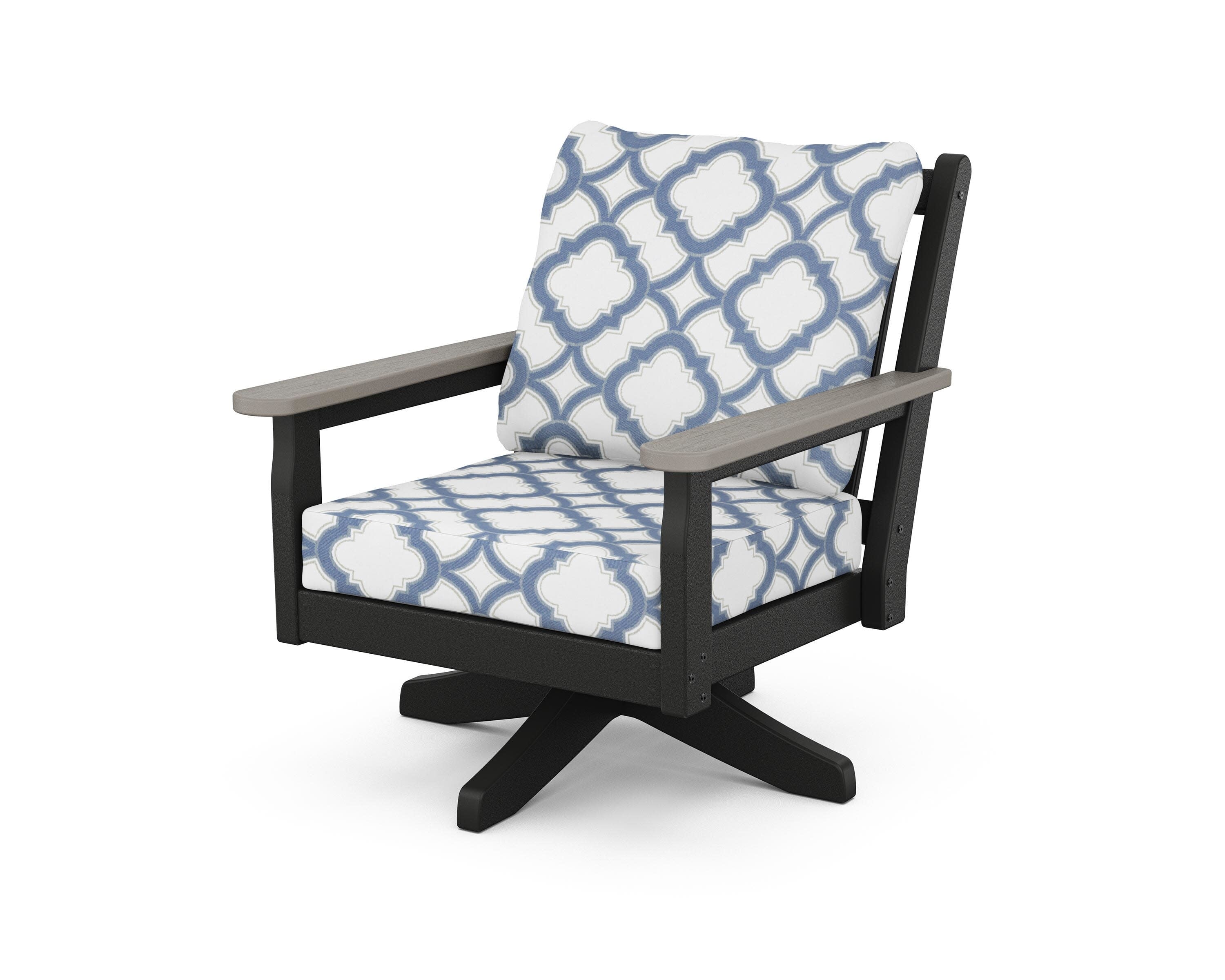 Chippendale Deep Seating Swivel Chair in Black / Driftwood / Trellis Sky Blue