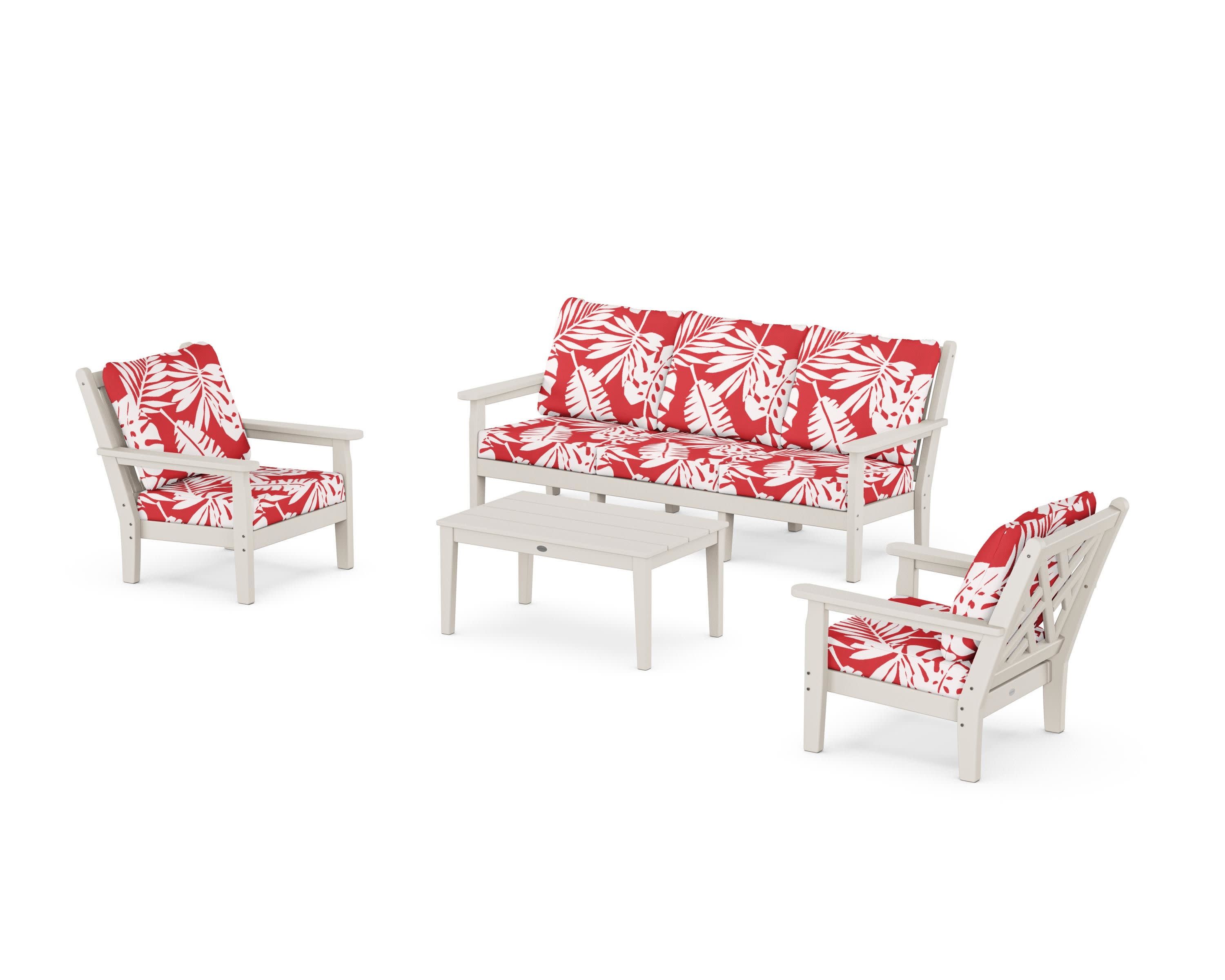 Chippendale 4-Piece Deep Seating Set with Sofa in Sand / Leaf Crimson