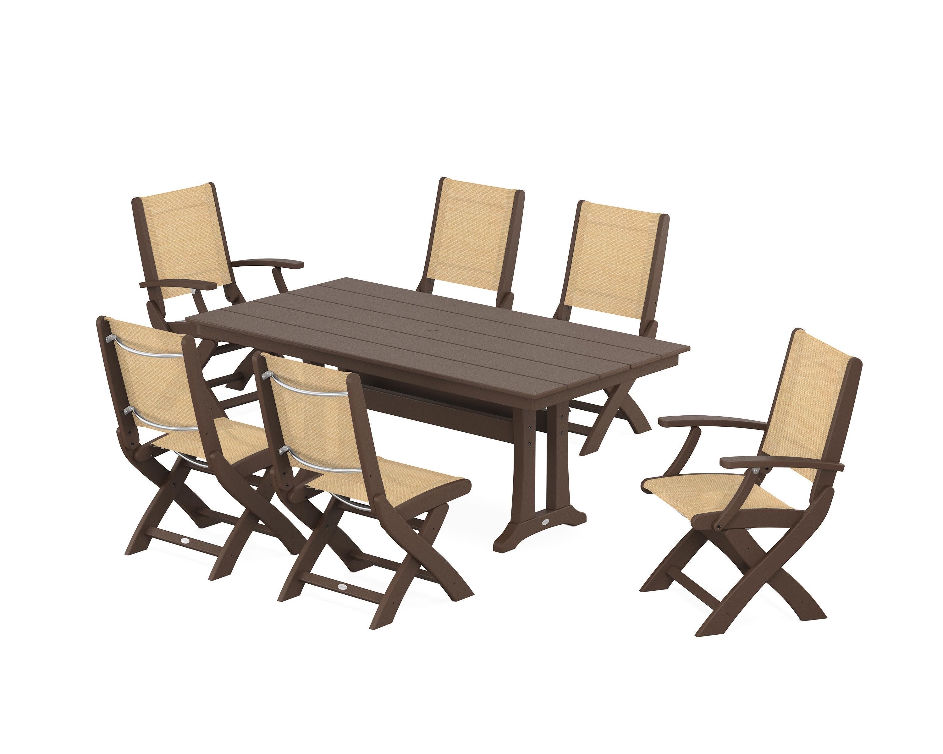 Coastal Folding Chair 7-Piece Farmhouse Dining Set with Trestle Legs in Mahogany / Dupioni Apricot Sling