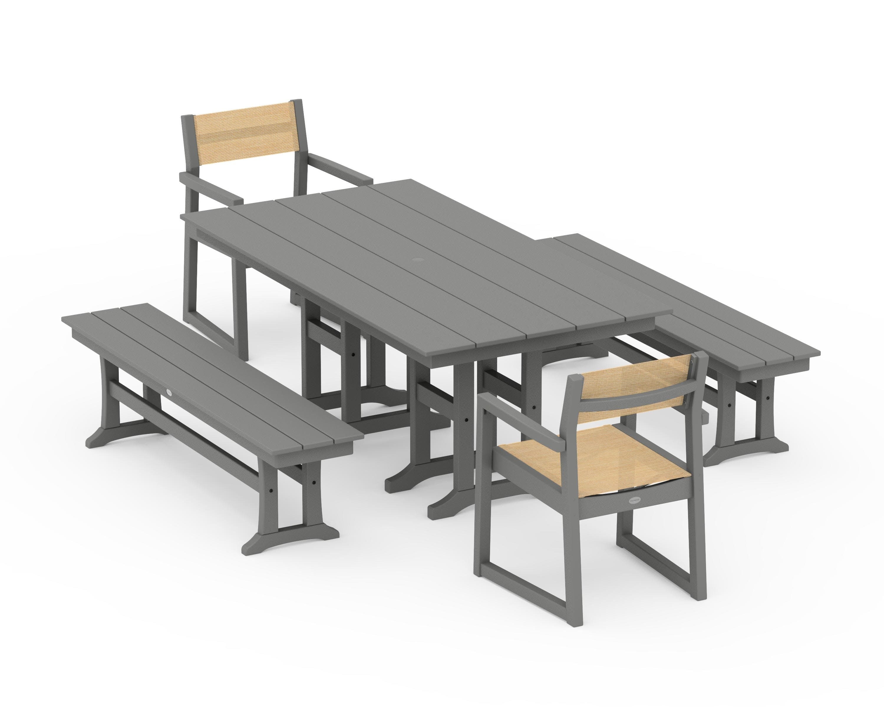 EDGE Sling Arm Chair 5-Piece Farmhouse Dining Set with Benches in Slate Grey / Dupioni Apricot Sling