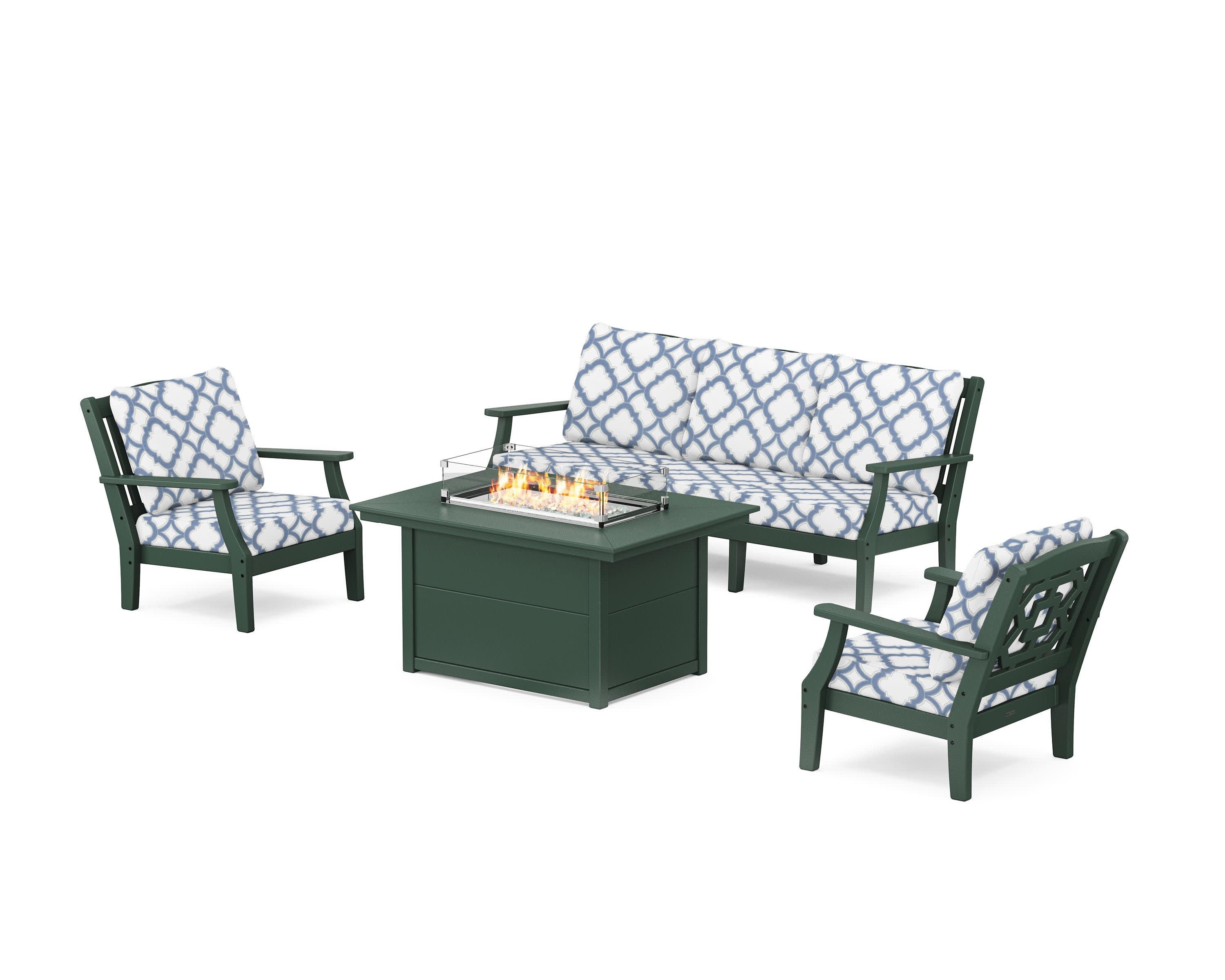 Chinoiserie Deep Seating Fire Pit Table Set in Green / Trellis Sky Blue