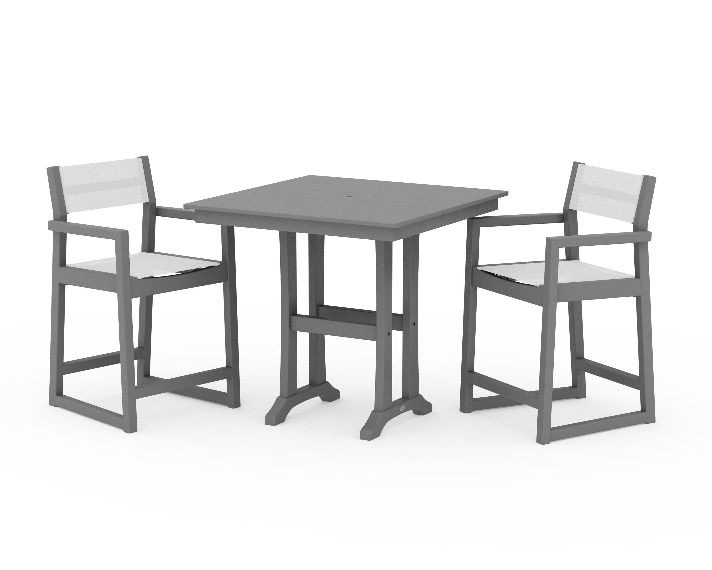 EDGE Sling Arm Chair 3-Piece Farmhouse Counter Set with Trestle Legs in Slate Grey / White Sling