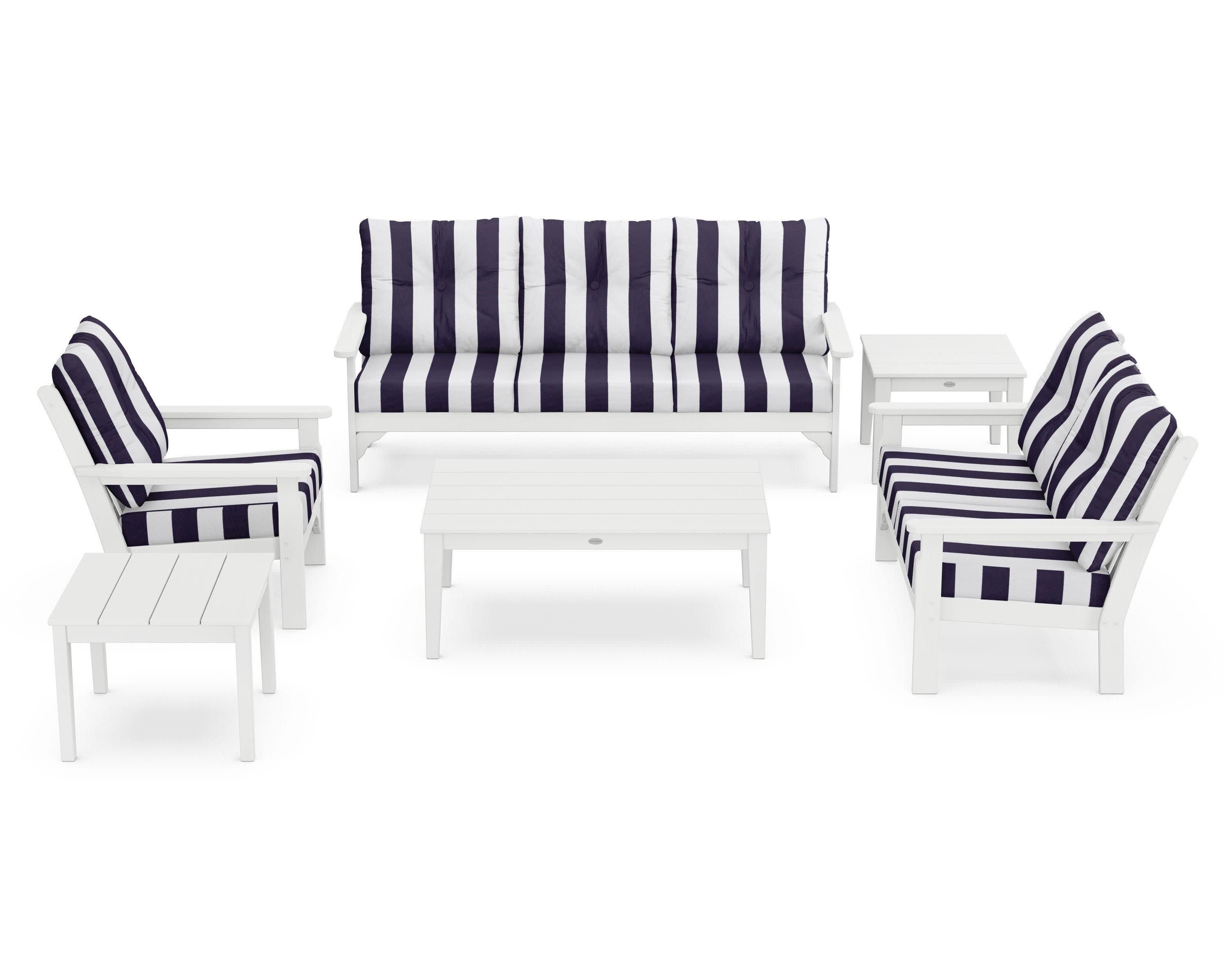 Vineyard 6-Piece Deep Seating Set in White / Cabana Stripe Navy