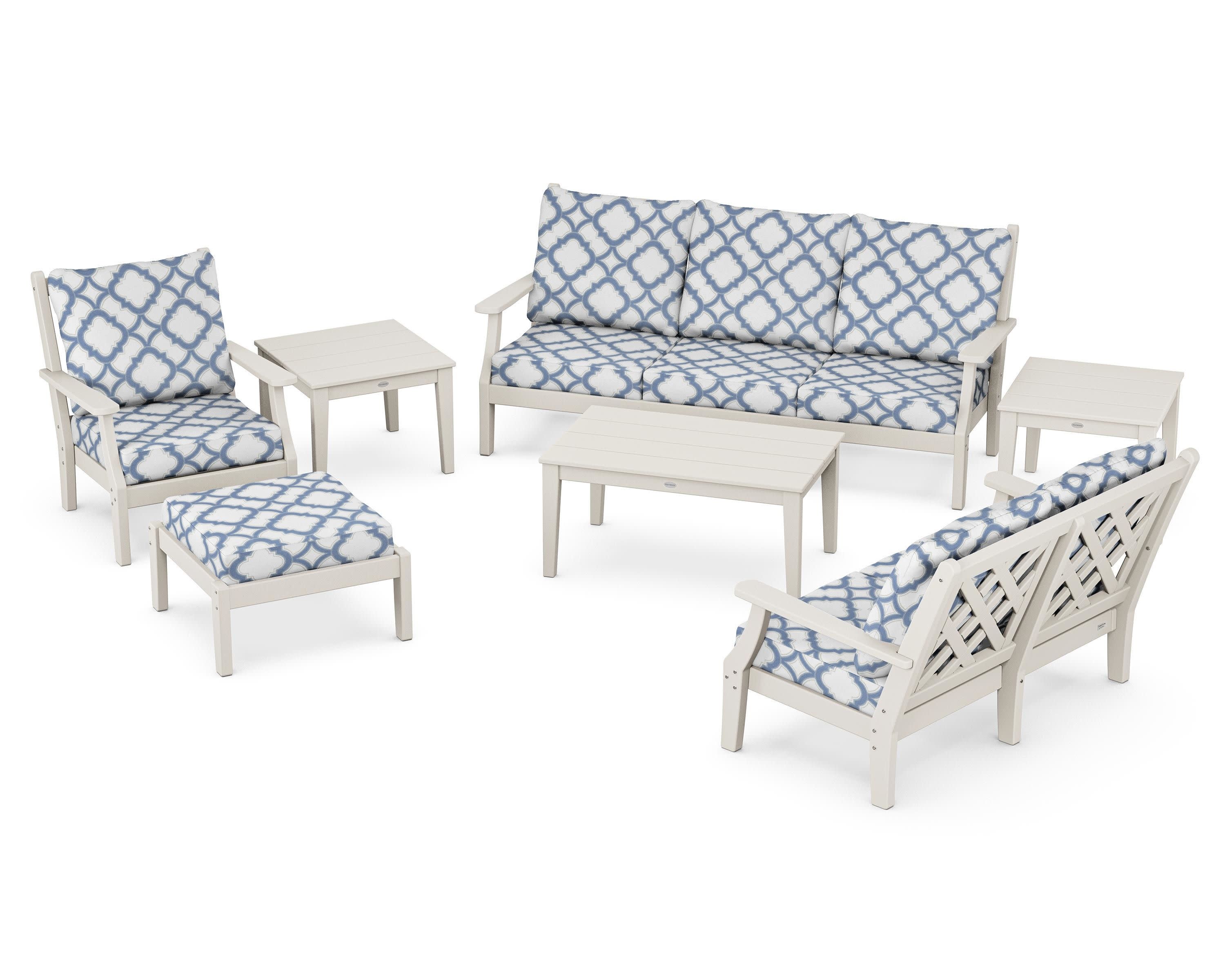 Wovendale 7-Piece Deep Seating Set in Sand / Trellis Sky Blue