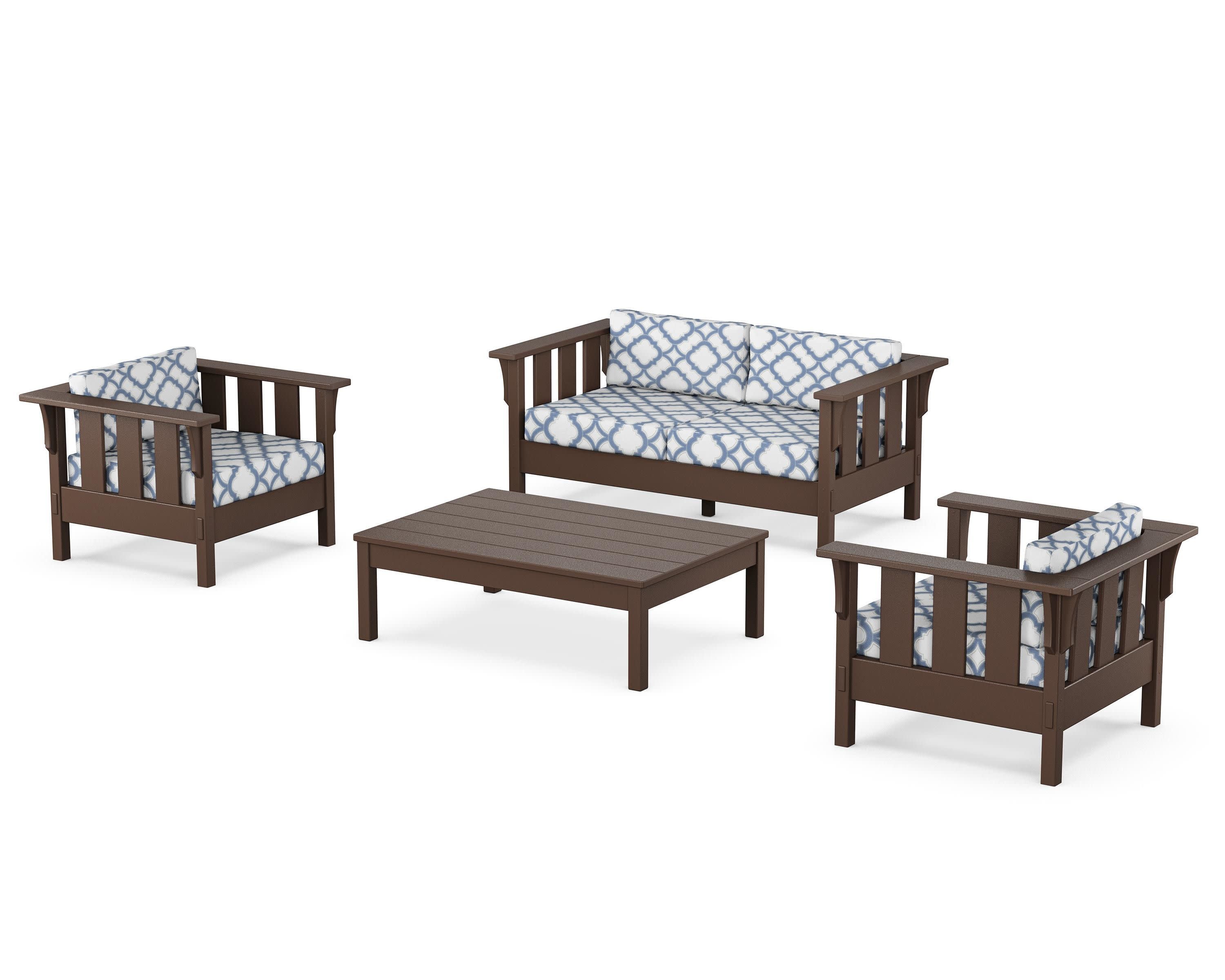Acadia 4-Piece Deep Seating Set with Loveseat in Mahogany / Trellis Sky Blue