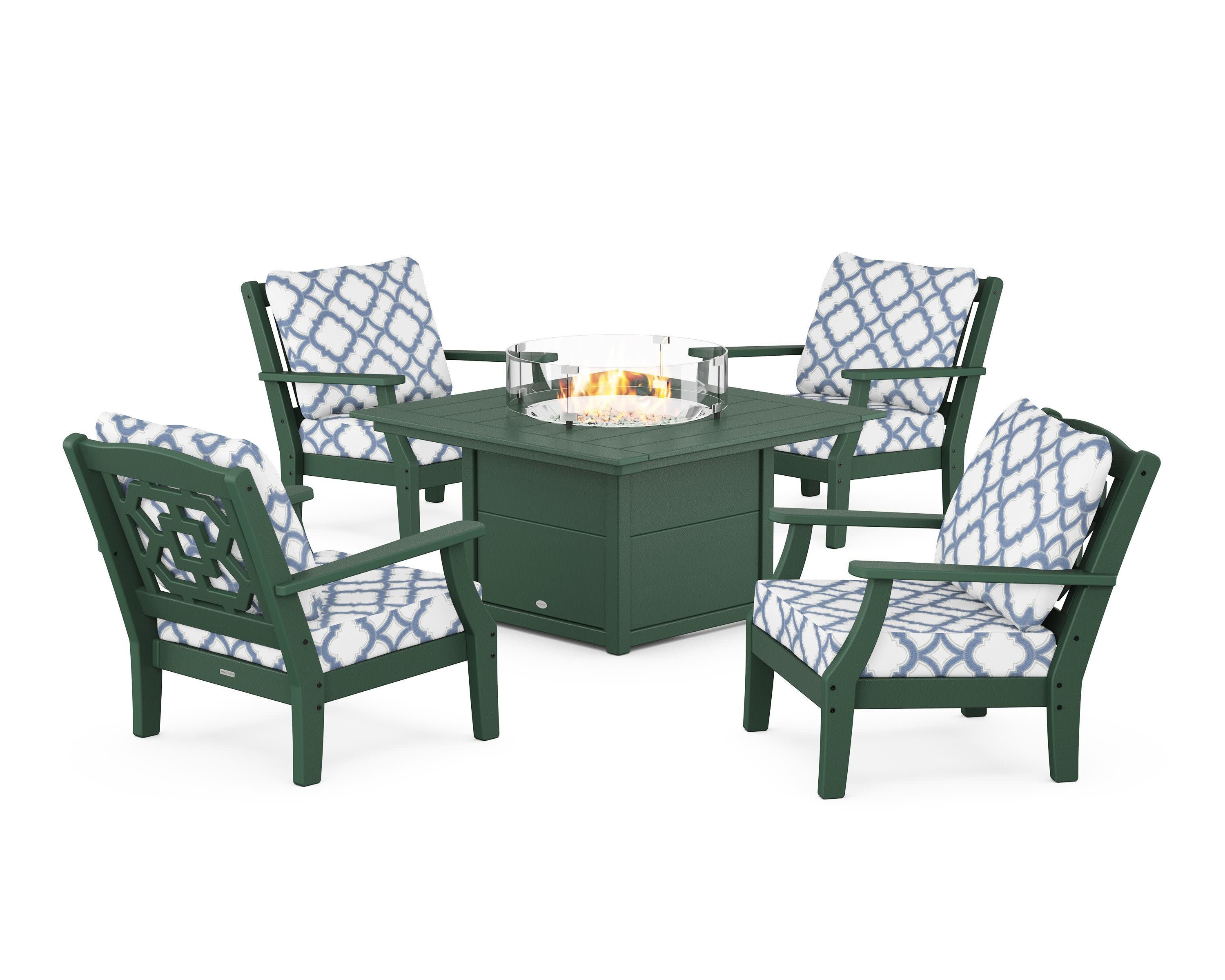 Chinoiserie 5-Piece Deep Seating Set with Fire Pit Table in Green / Trellis Sky Blue