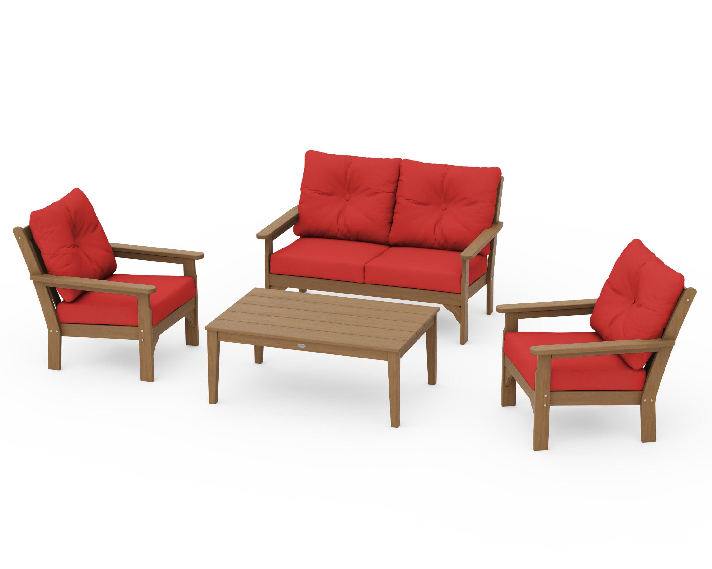 Vineyard 4-Piece Deep Seating Set in Natural / Crimson Linen