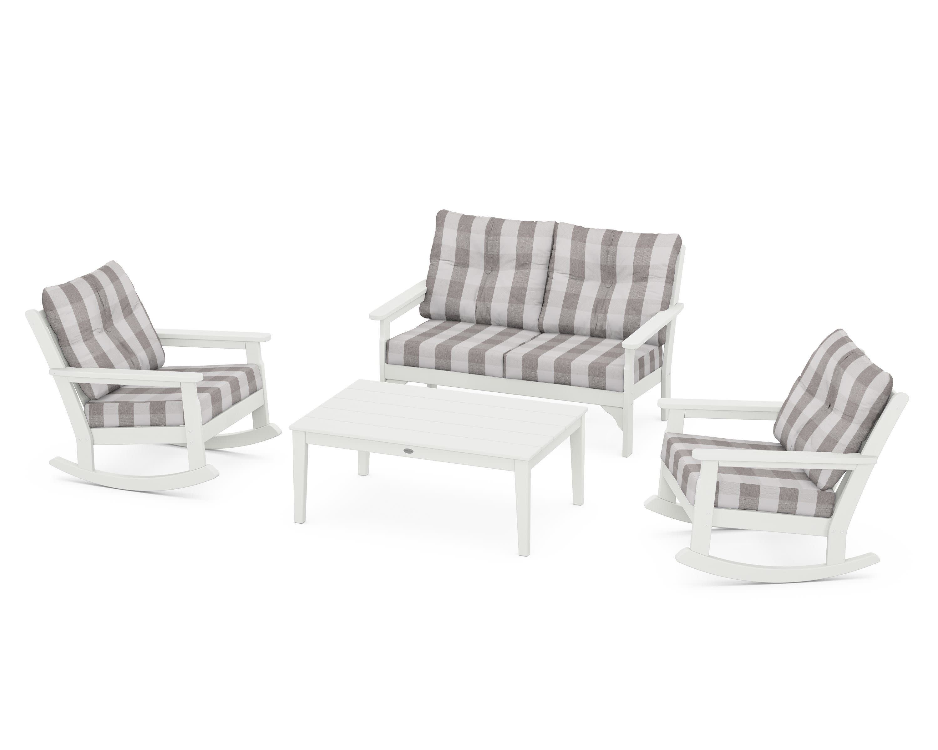 Vineyard 4-Piece Deep Seating Rocking Chair Set in Vintage White / Buffalo Plaid Grey Mist