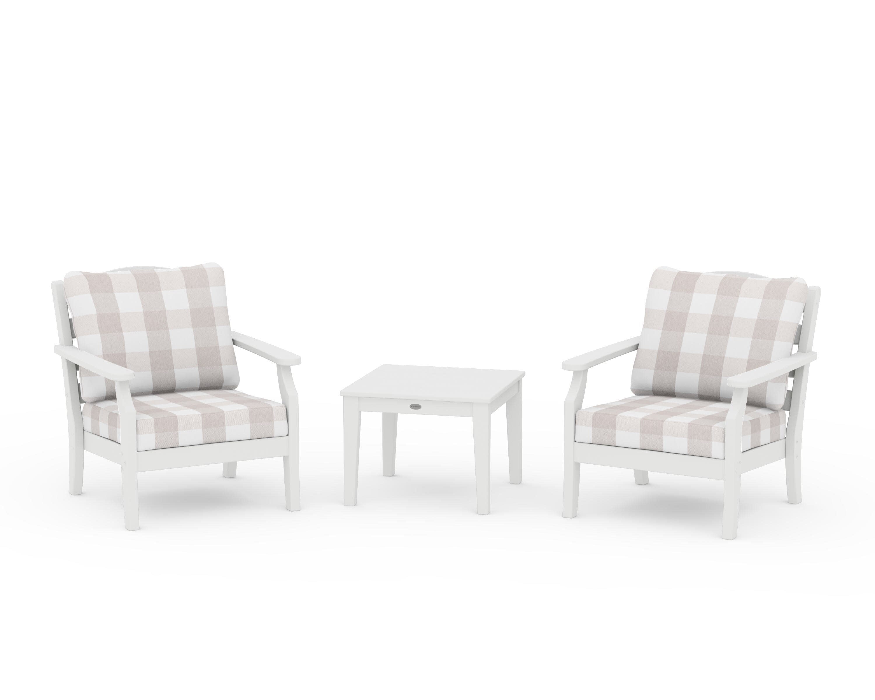 Savannah 3-Piece Deep Seating Set in White / Buffalo Plaid Dune Burlap