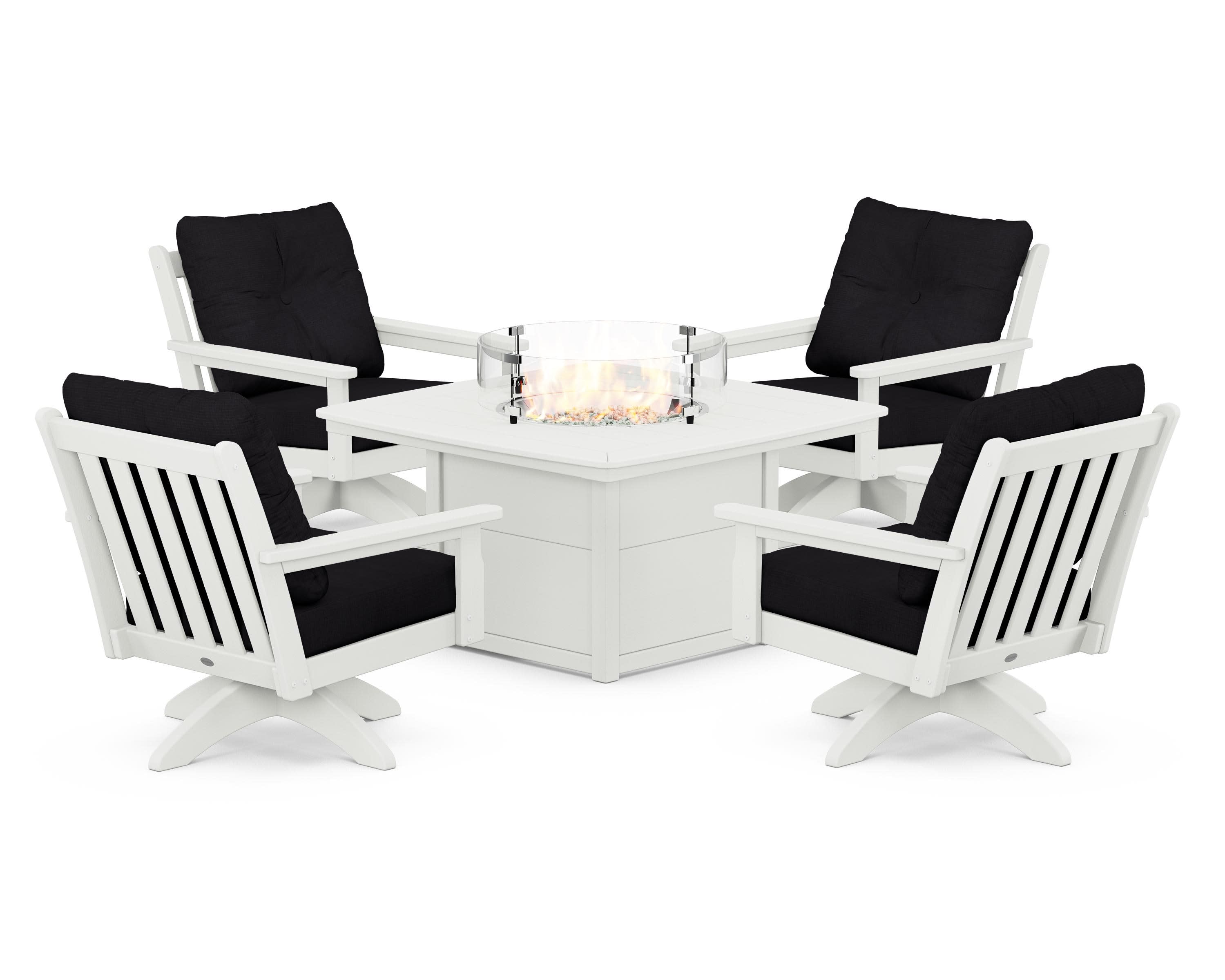 Vineyard 5-Piece Deep Seating Swivel Conversation Set with Fire Pit Table in Vintage White / Midnight Linen