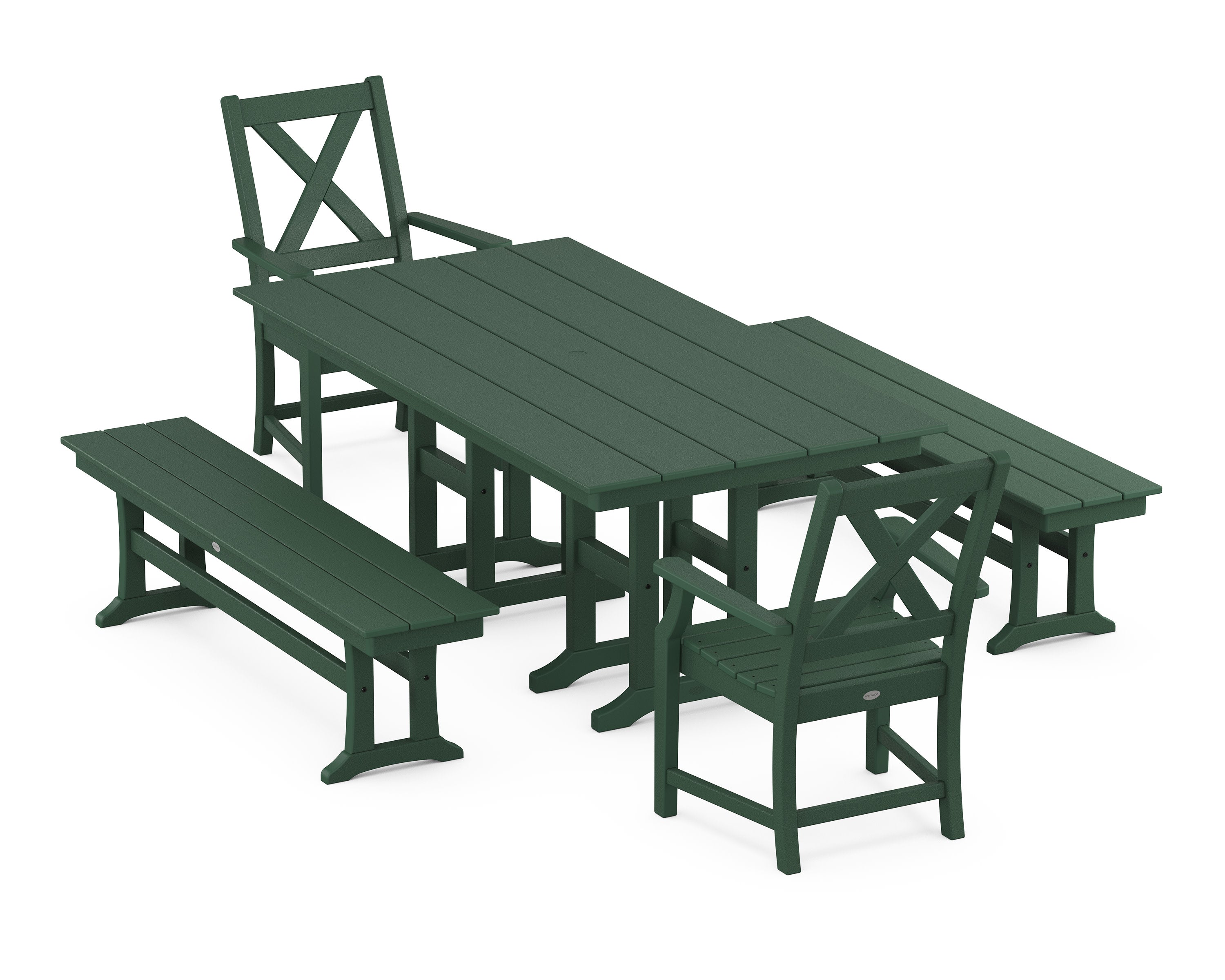 Braxton 5-Piece Farmhouse Dining Set with Benches in Green