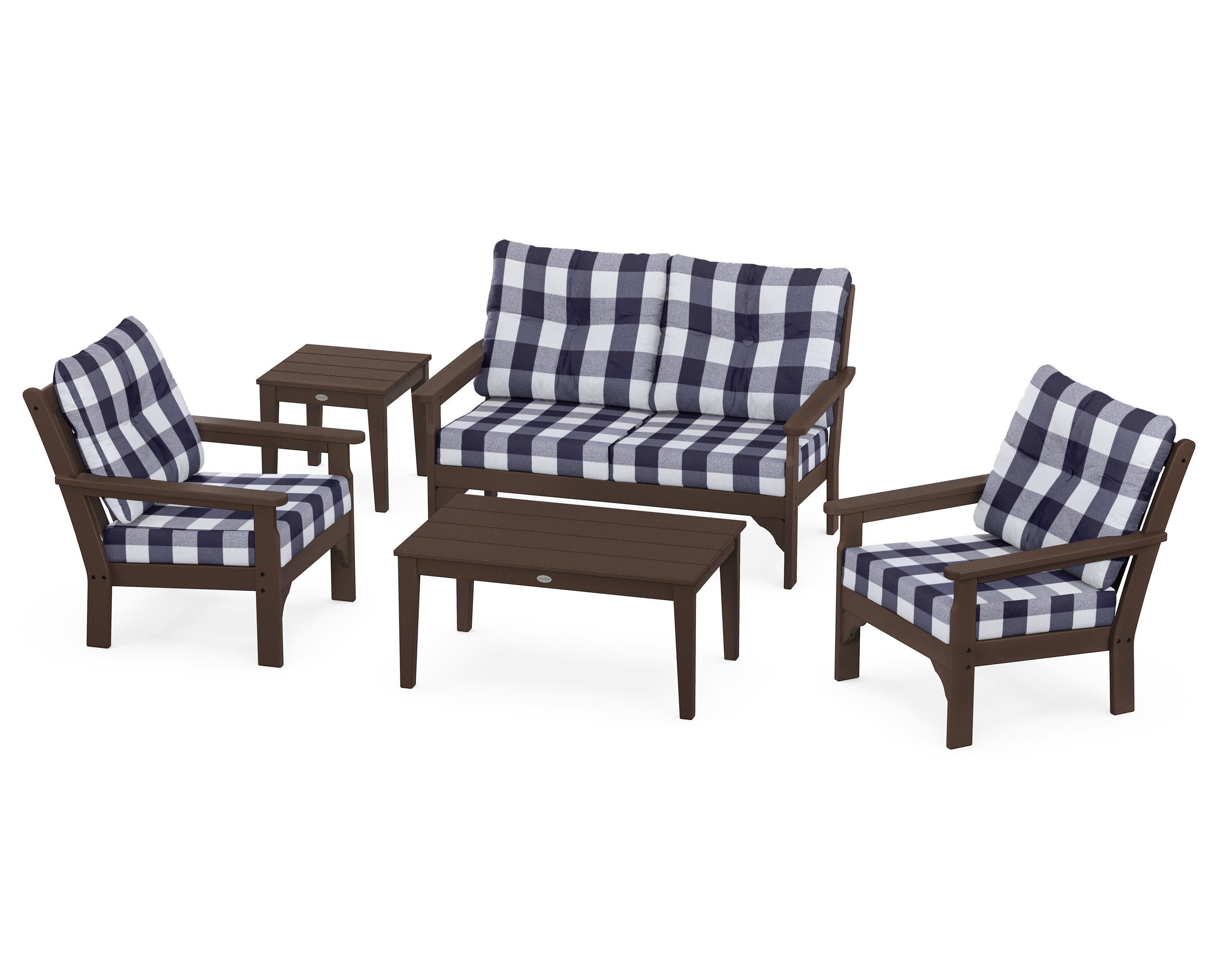 Vineyard 5-Piece Deep Seating Set in Mahogany / Buffalo Plaid Navy