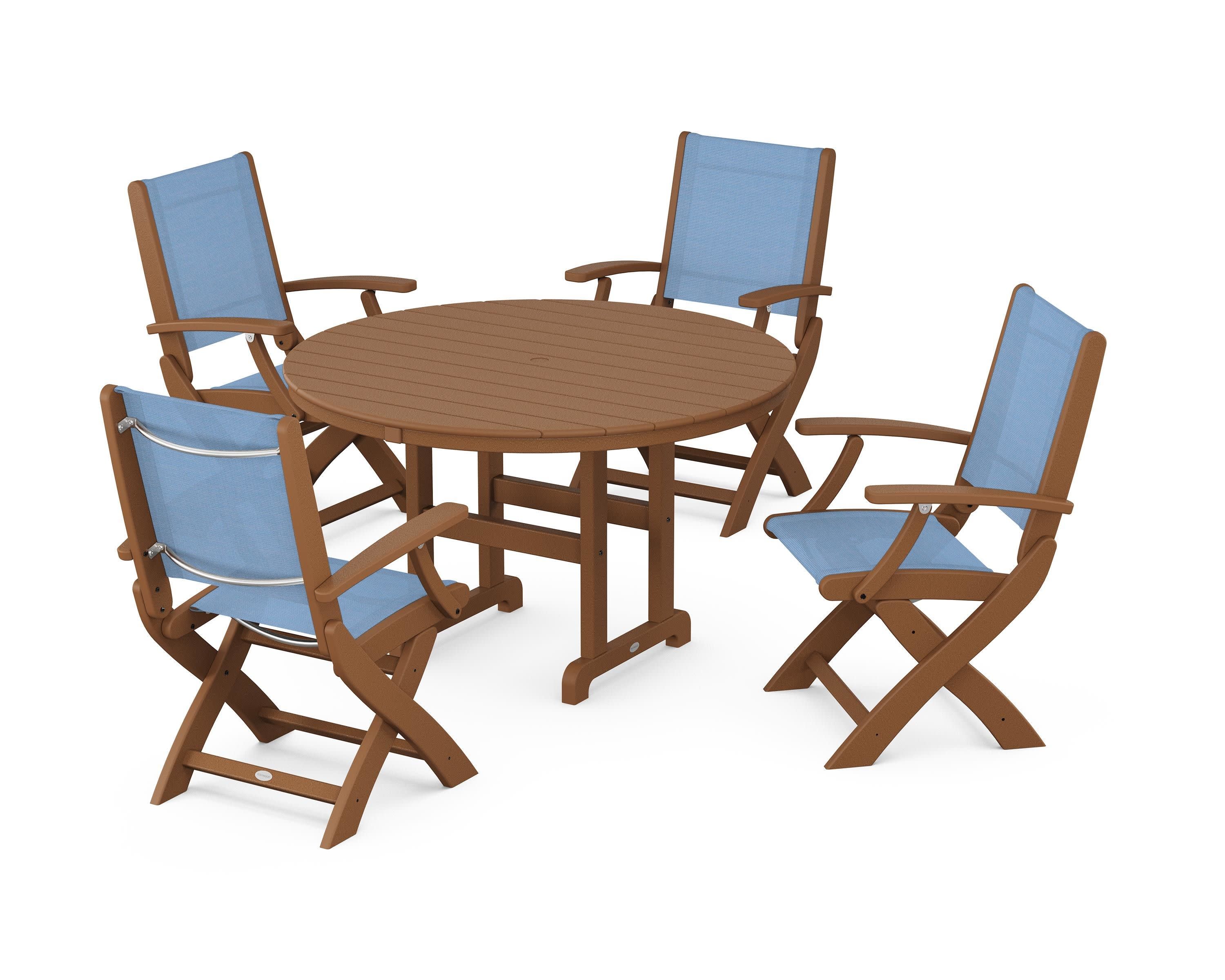 Coastal Folding Chair 5-Piece Round Dining Set in Teak / Poolside Sling