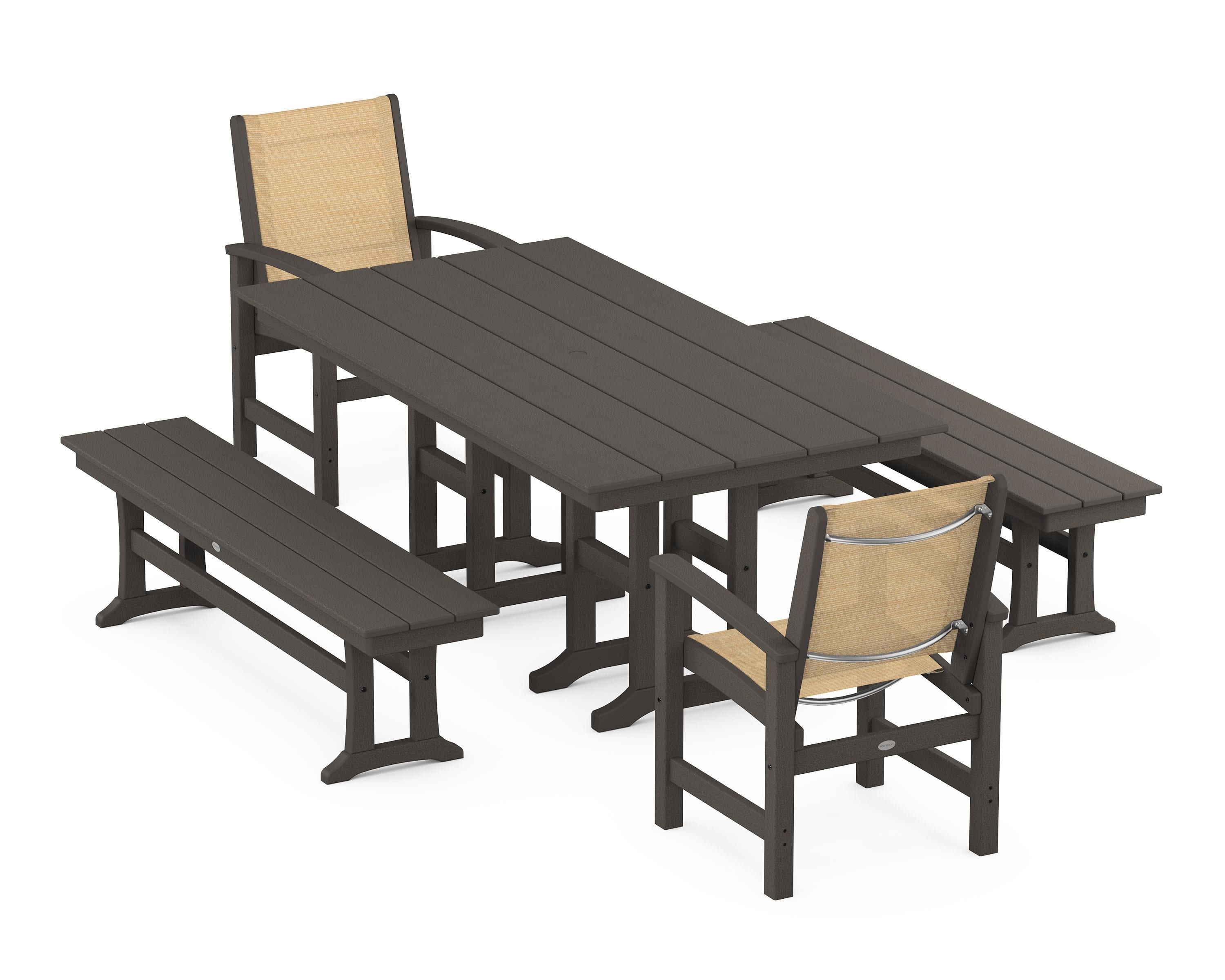 Coastal 5-Piece Farmhouse Dining Set in Vintage Coffee / Dupioni Apricot Sling