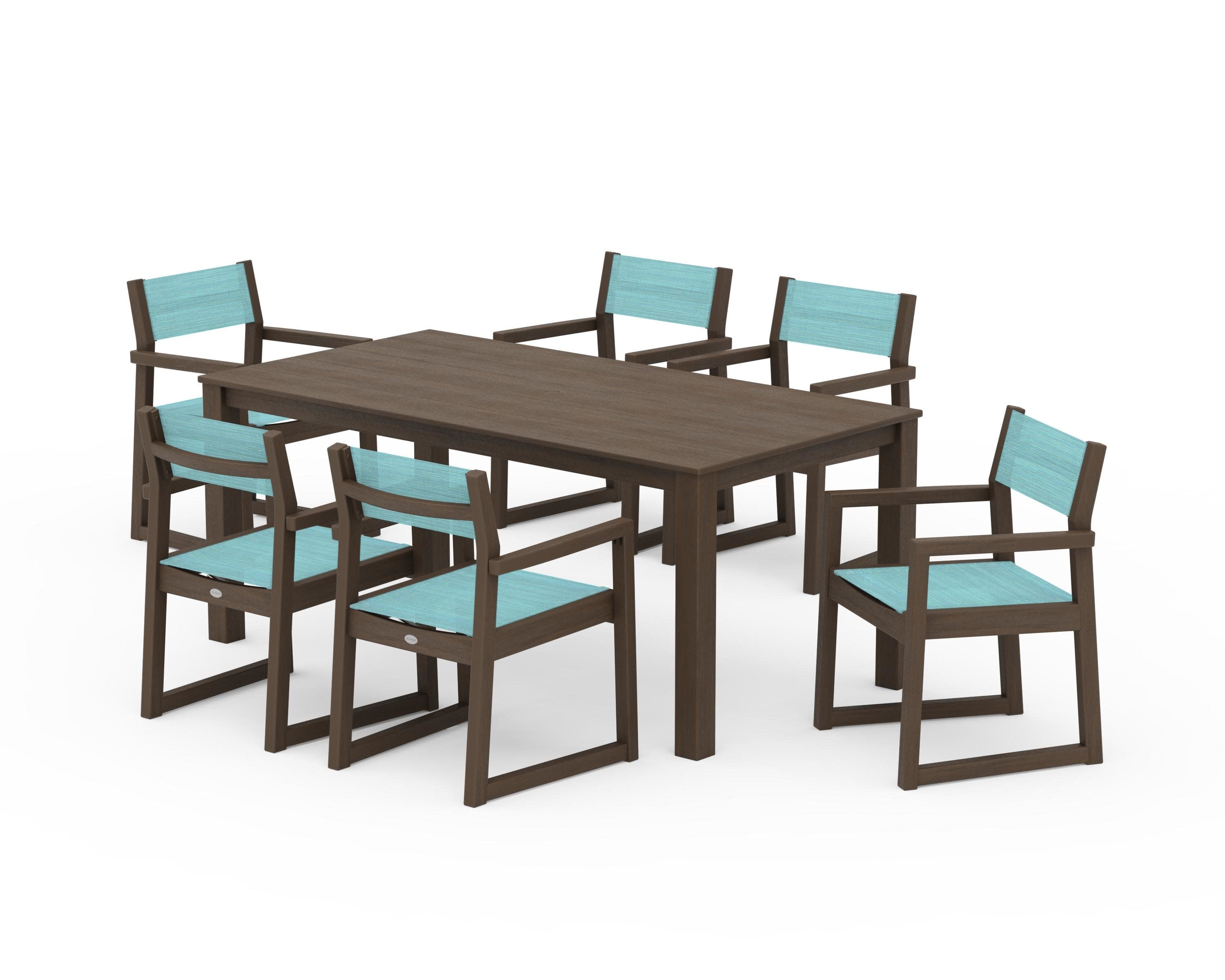 EDGE Sling Arm Chair 7-Piece Parsons Dining Set in Kona / Dupioni Aquamarine Sling