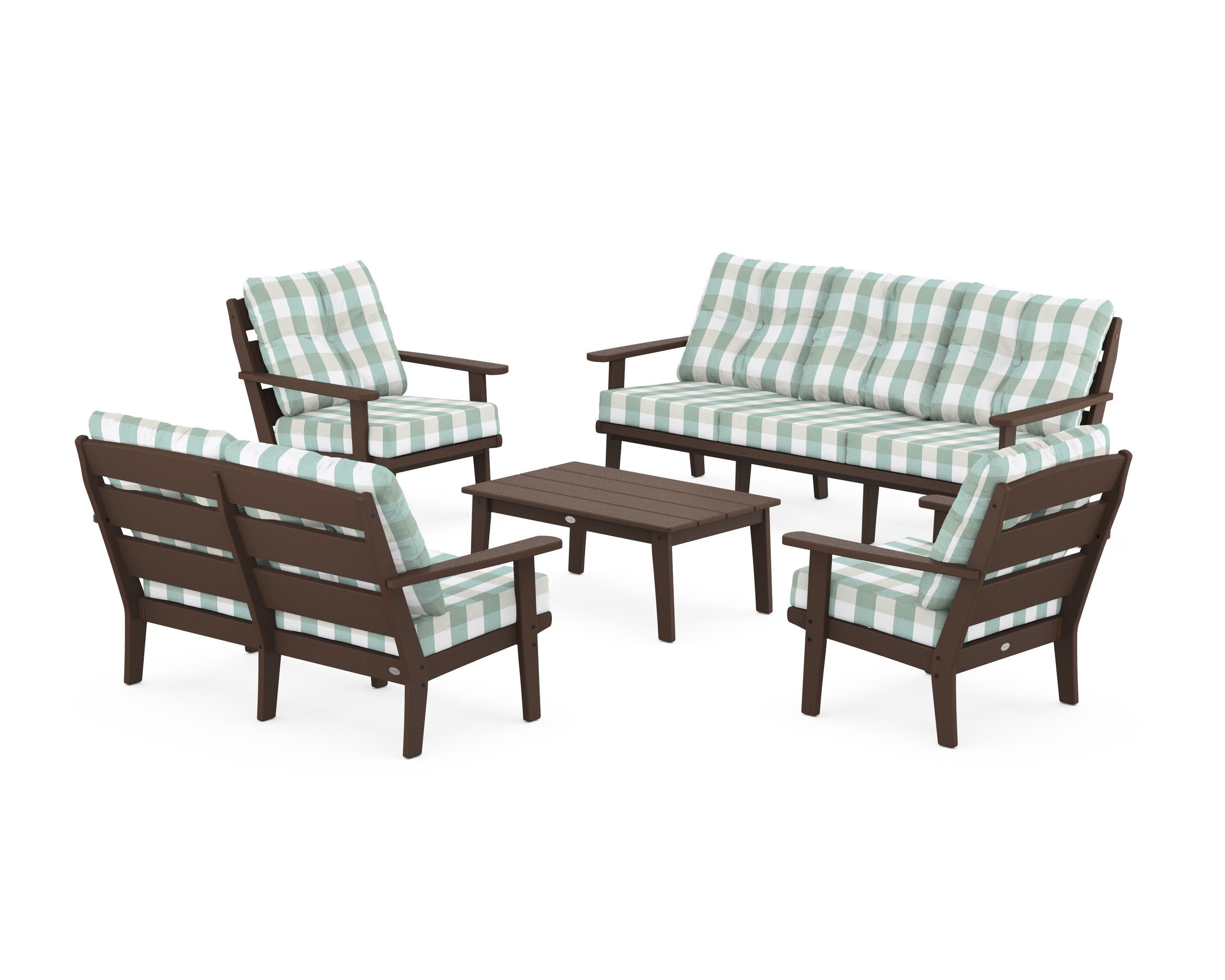 Lakeside 5-Piece Lounge Sofa Set in Mahogany / Buffalo Plaid Glacier Spa
