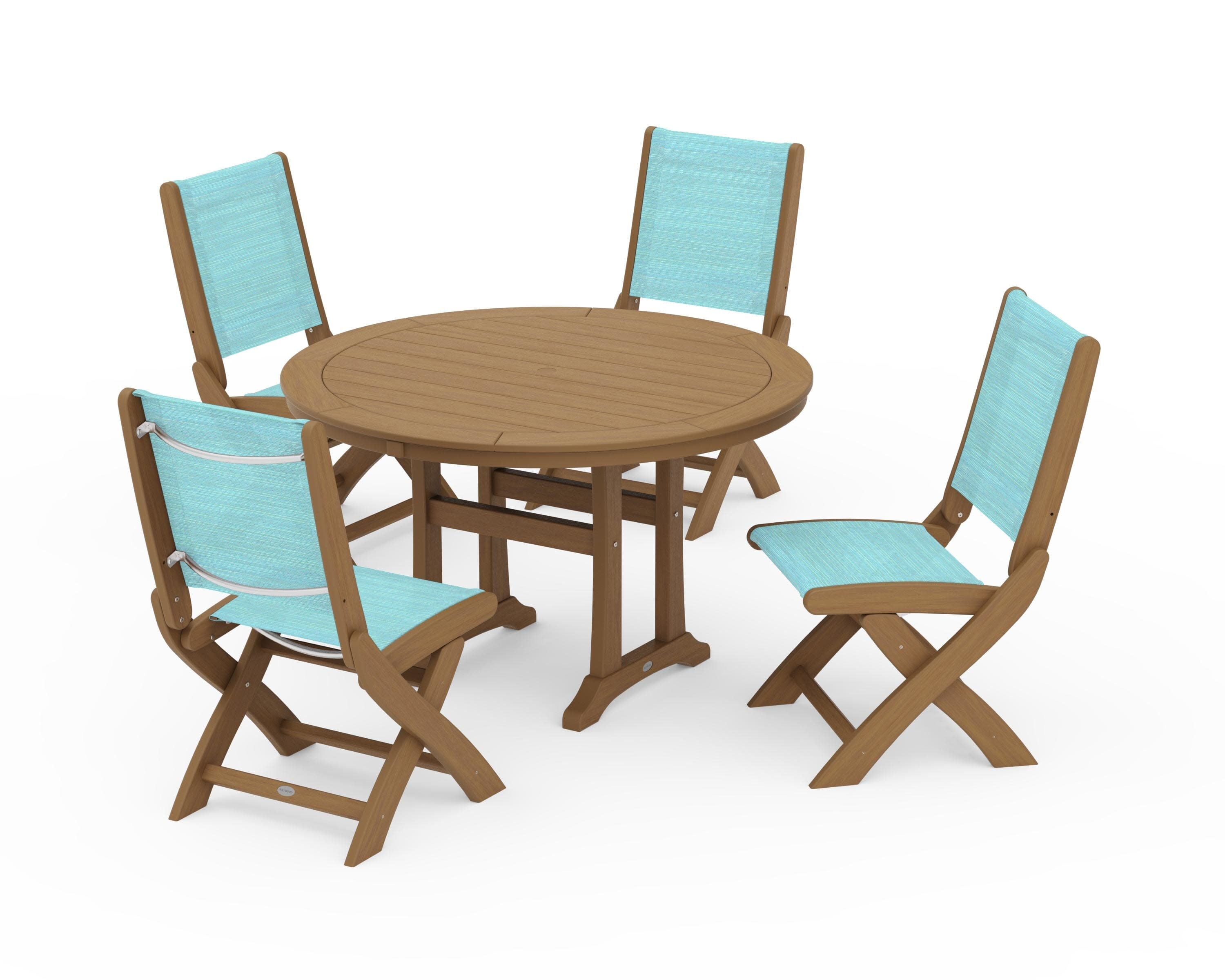 Coastal Folding Side Chair 5-Piece Round Dining Set With Trestle Legs in Natural / Dupioni Aquamarine Sling