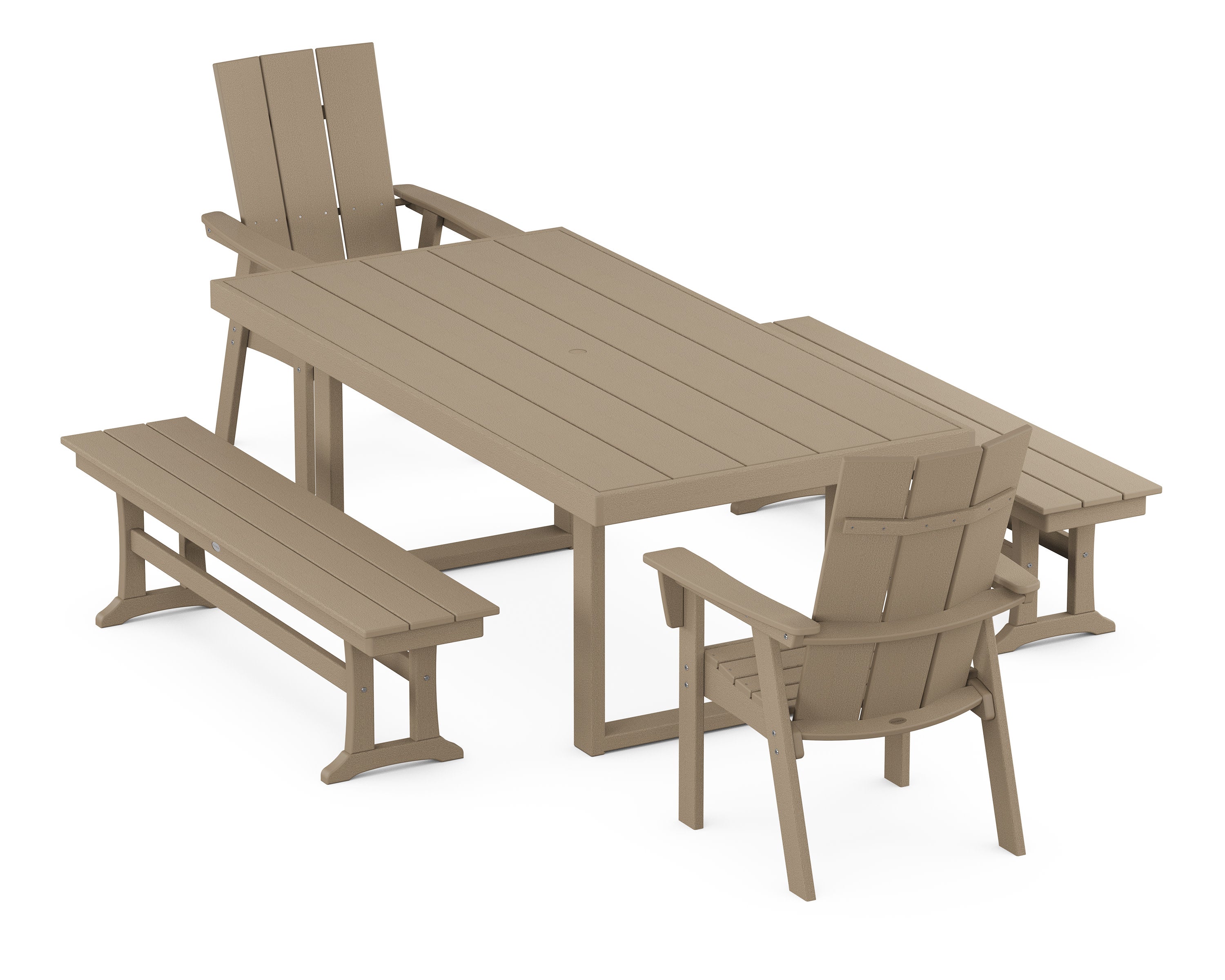Modern Curveback Adirondack 5-Piece Dining Set with Benches in Vintage Sahara